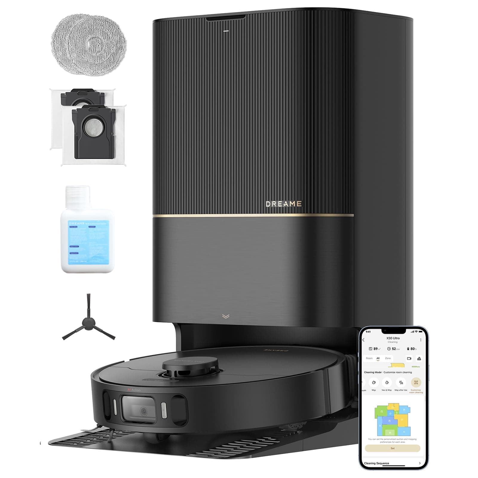 DREAME X30 Ultra Robot Vacuum Cleaner with Detachable and Lift-Up Mop, Auto Empty Robot and Mop Combo with Side Brush, 8300Pa Suction, Self-Cleaning Mop and