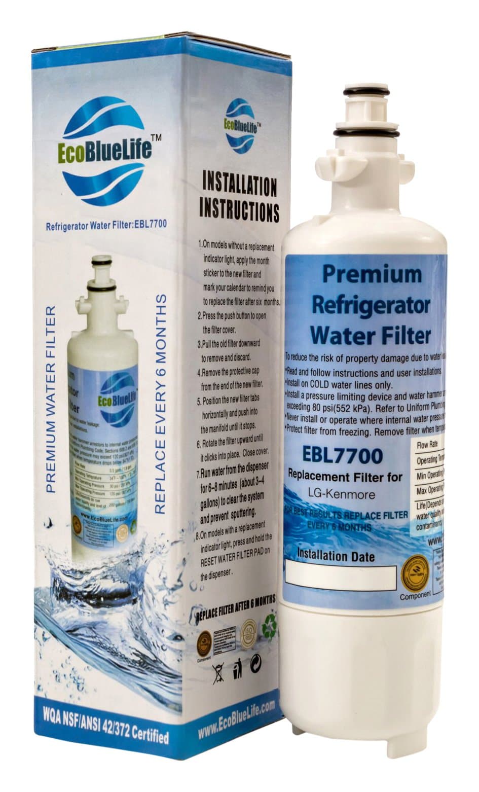 EcoBlueLifeRefrigerator Water Filter Replacement - Compatible with LT700p and 46-9690, Certified for Chlorine Reduction & Lead-Free Compliance. Made from Activated Carbon Media, Easy Install