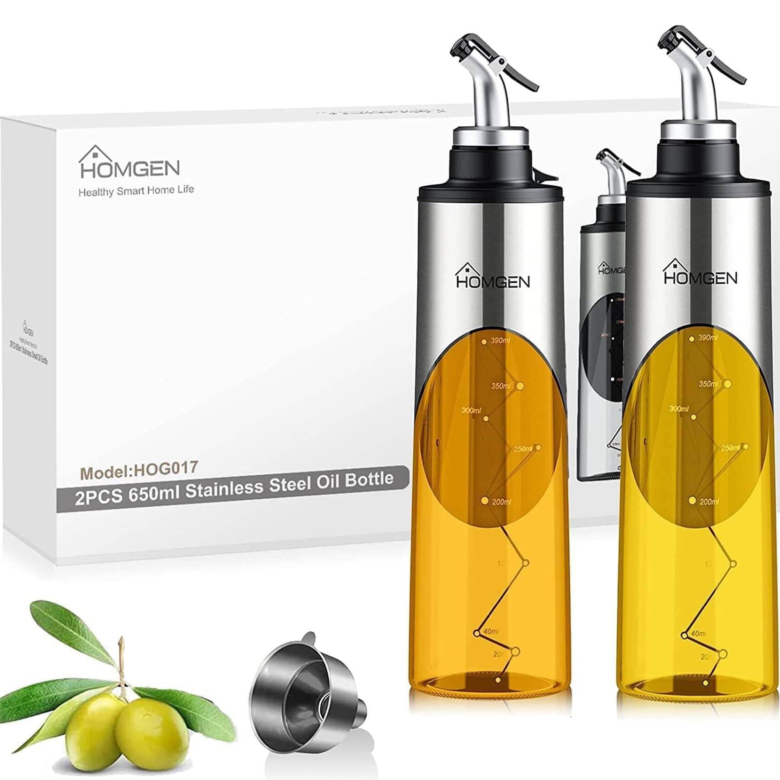 HOMGEN 2Pack Olive Oil Dispenser Bottle 650ml/22 oz Oil Bottle for Kitchen Anti-slip Cooking Oil Dispenser With|Measuring Scale|Durable Glass Boby|Dishwashable|Funnel| for Kitchen Restruant etc