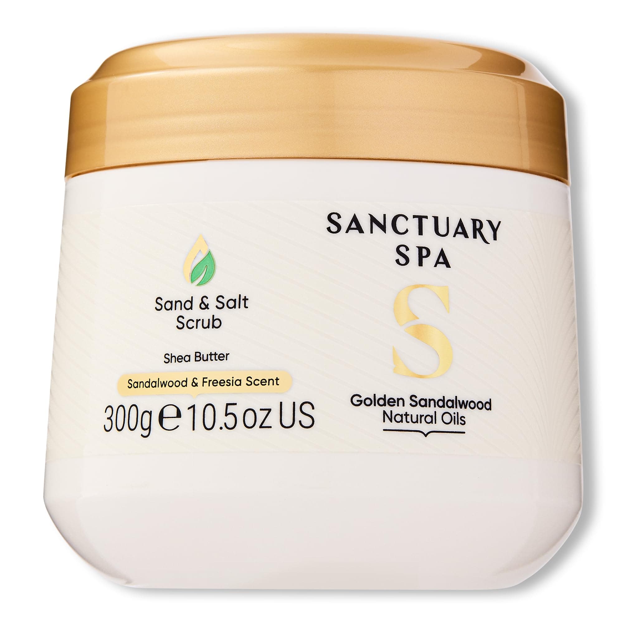 Sanctuary Spa Golden Sandalwood Sand and Salt Scrub, 92% Natural Body Exfoliator, Mineral Oil Free, Cruelty Free & Vegan, 300g