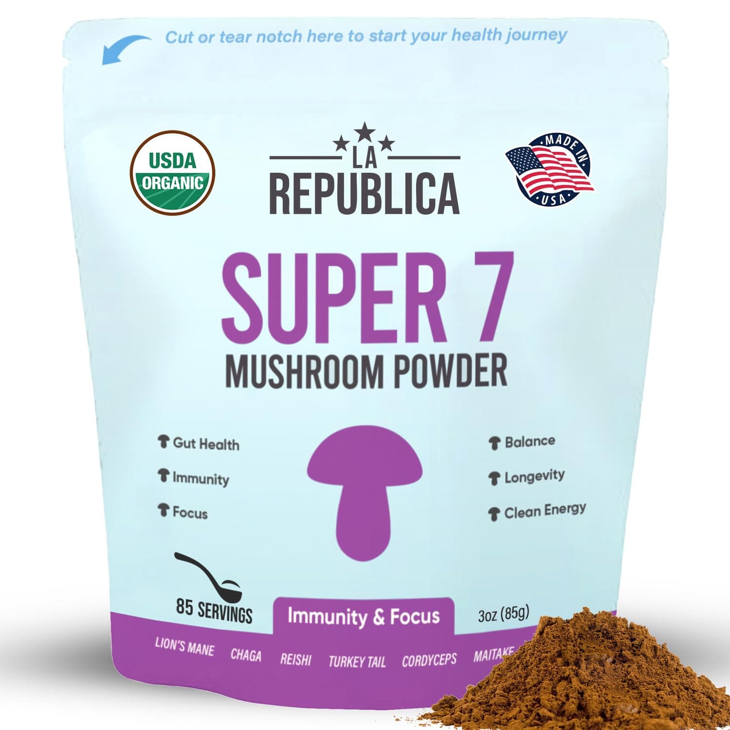 La Republica Superfoods USDA Organic Super 7 Mushroom Powder 3oz, Lion's Mane, Chaga, Reishi, Cordyceps, MAitake, Turkey Tail, No Fillers (3oz)