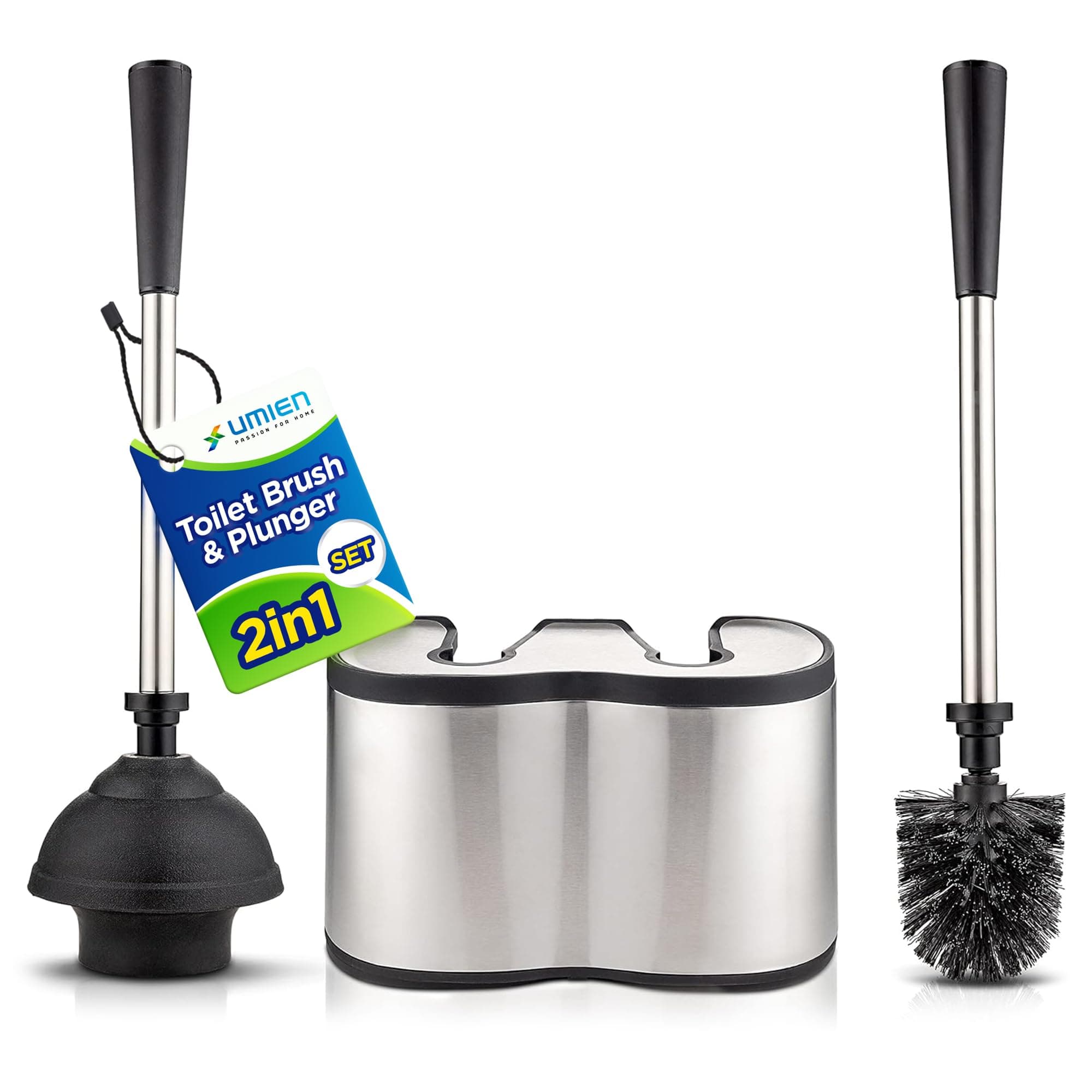 UMIEN™ Toilet Brush and Plunger Set - Stainless Steel Plunger and Toilet Brush Combo with Freestanding Canister - Modern and Sleek Bathroom Cleaning Accessories…