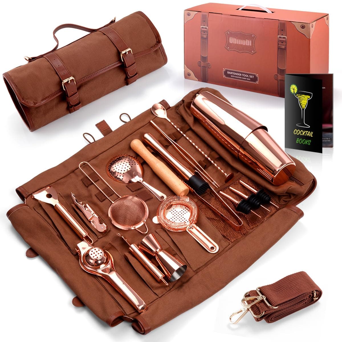 Travel Bartender Kit Bag, 17-Piece Copper Bar Tool Set Professional Cocktail Bar Set Portable Waxed Canavs Bar Kit Bag with Shoulder Strap for Bar Bartending, Parties, Camping Trips (Rose Gold)