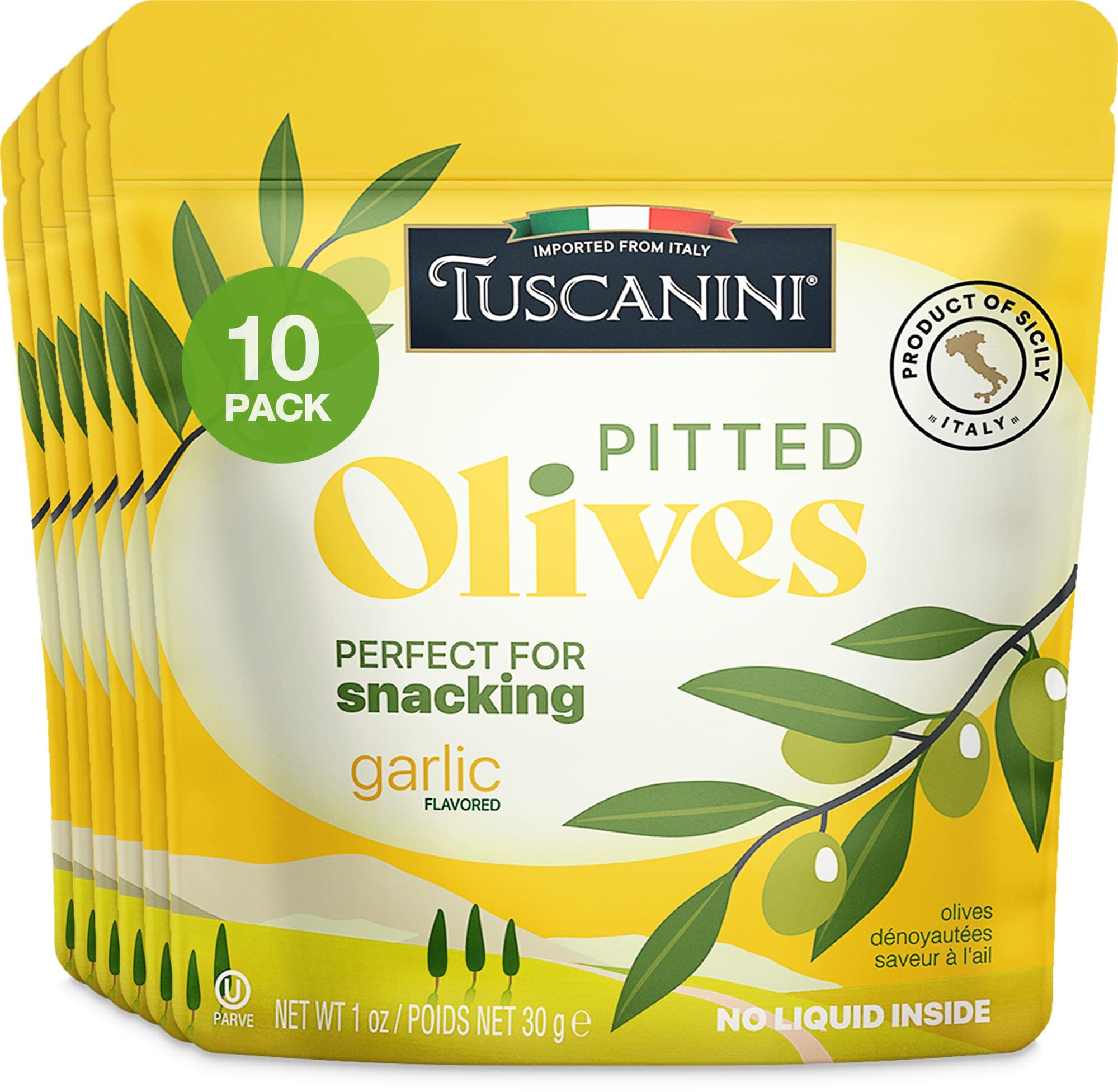 Tuscanini Italian Garlic Flavor Snack Olives, 1 oz (10 Pack) Pitted Olive Pouches for Snacking | No Oil | Gluten Free, Vegan | For Travel, Picnics and Office Snacks | Kosher
