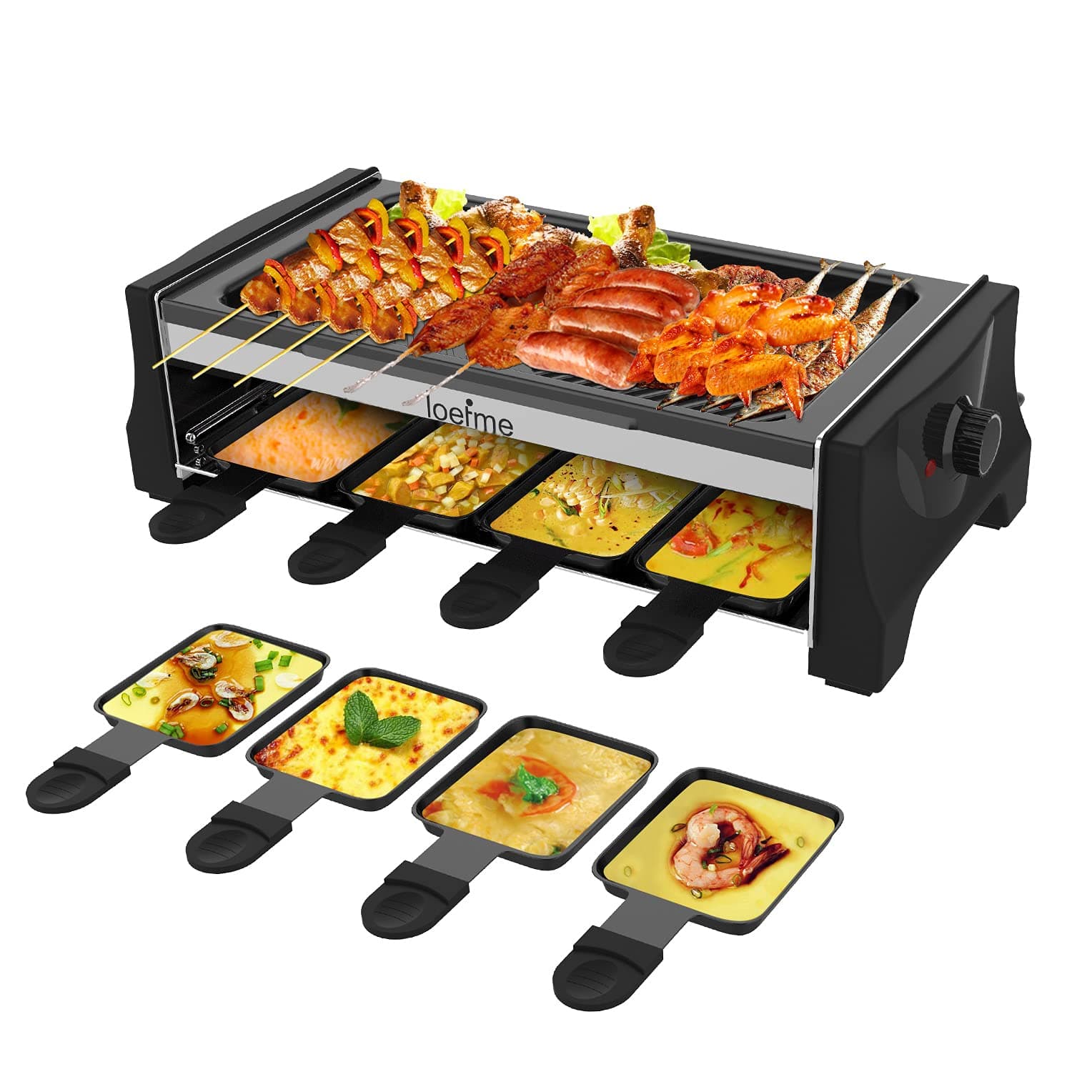 LOEFME Indoor Grill & Outdoor Electric Grills Nonstick Baking Pan Raclette Grill with Adjustable Temperature Control with 8 Mini Nonstick Pans Ideal for 2-8 People with BBQ Parties & Family Fun