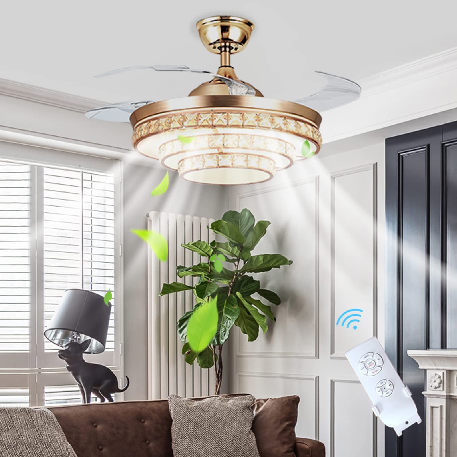 AKT- 42-inch Dimmable Modern Chandelier Crystal Ceiling Fan, with retractable blades, LED, noise reduction, remote control, suitable for bedroom, living room