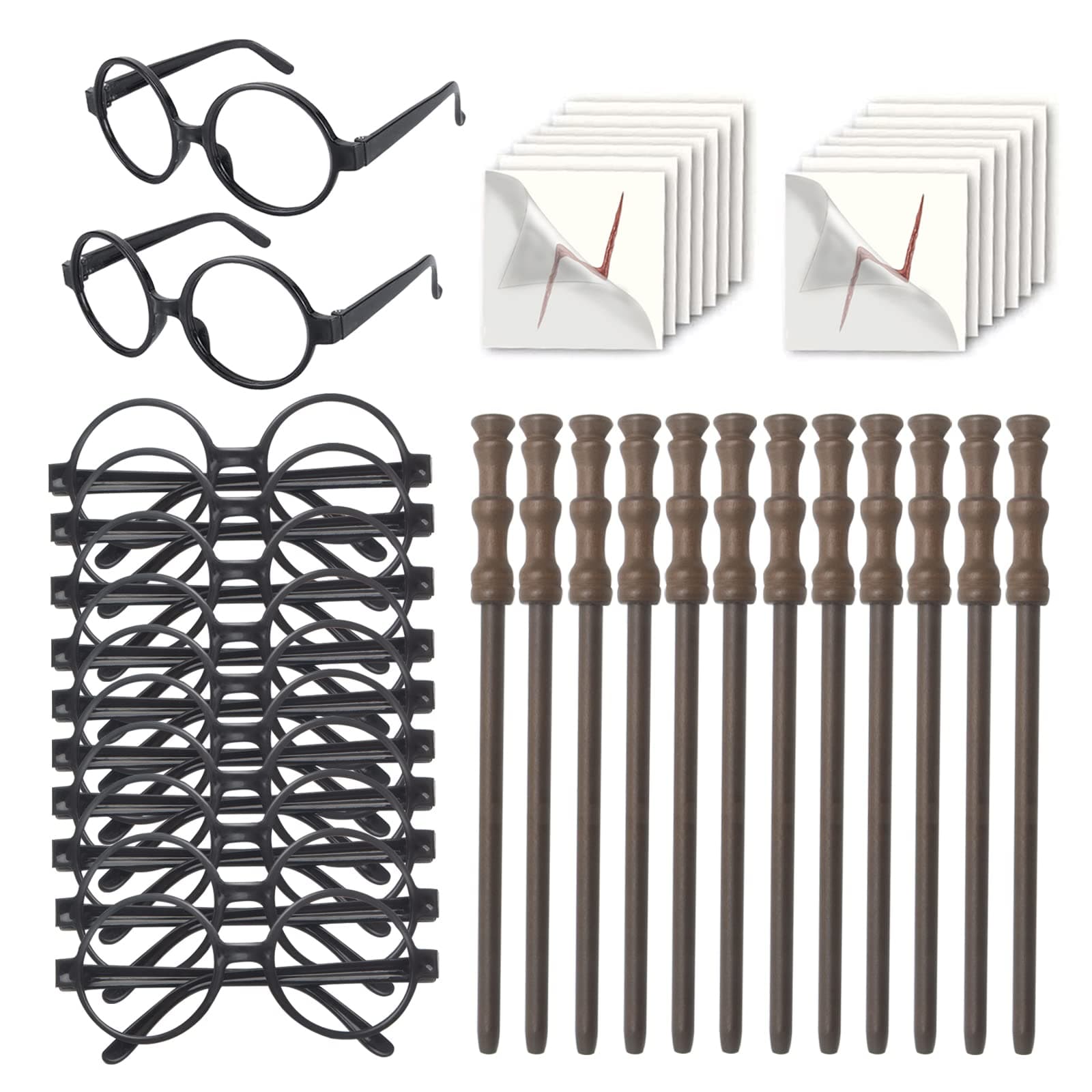 Wizard Party Supplies Set - Wand Pencils,Wizard Glasses with No Lenses,Lightning Bolt Scar Temporary Tattoo, Gifts for Magic Birthday Party Favors,School Reward,Halloween Decor,12pcs each