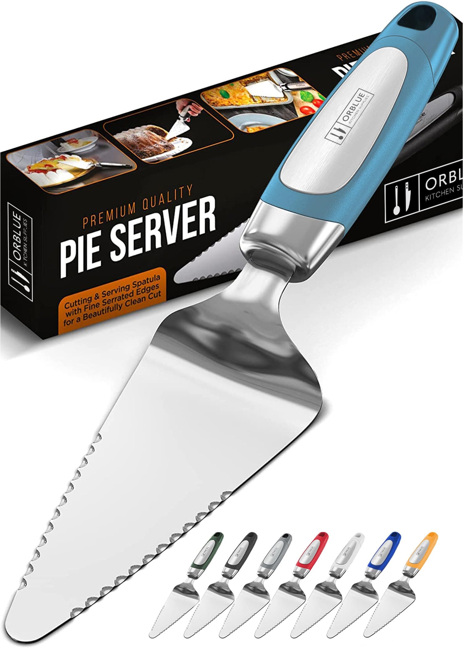 Pie Server, Essential Kitchen Tool, Serrated on Both Sides, Great for Right or Left Handed Chef, Stainless Steel Flatware, Cake Cutter, Blue
