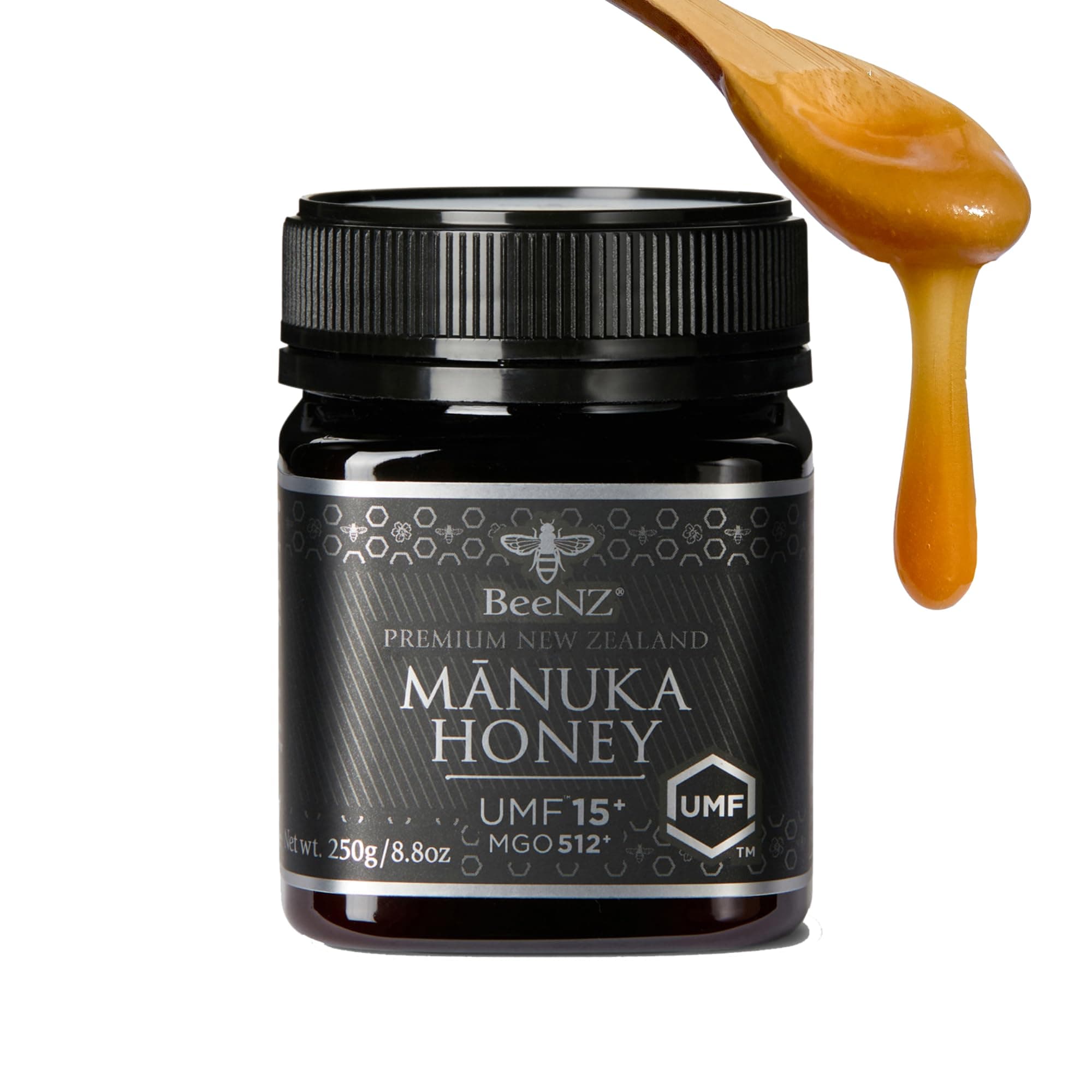 BeeNZ Raw Manuka Honey, Certified UMF 15+ (MGO 514+), Pure New Zealand Monofloral Manuka, Natural Sweetener, Superfood for Immune Support, No Sugar Added, Traceable from Hive to Jar, 8.8 oz/250g