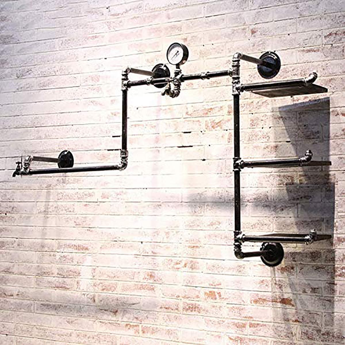 Industrial Pipe Clothing Rack Wall Mounted Wood Garment Rack Multi-Function Display Rack Shoes Bag Store Shelves Clothes Hanger