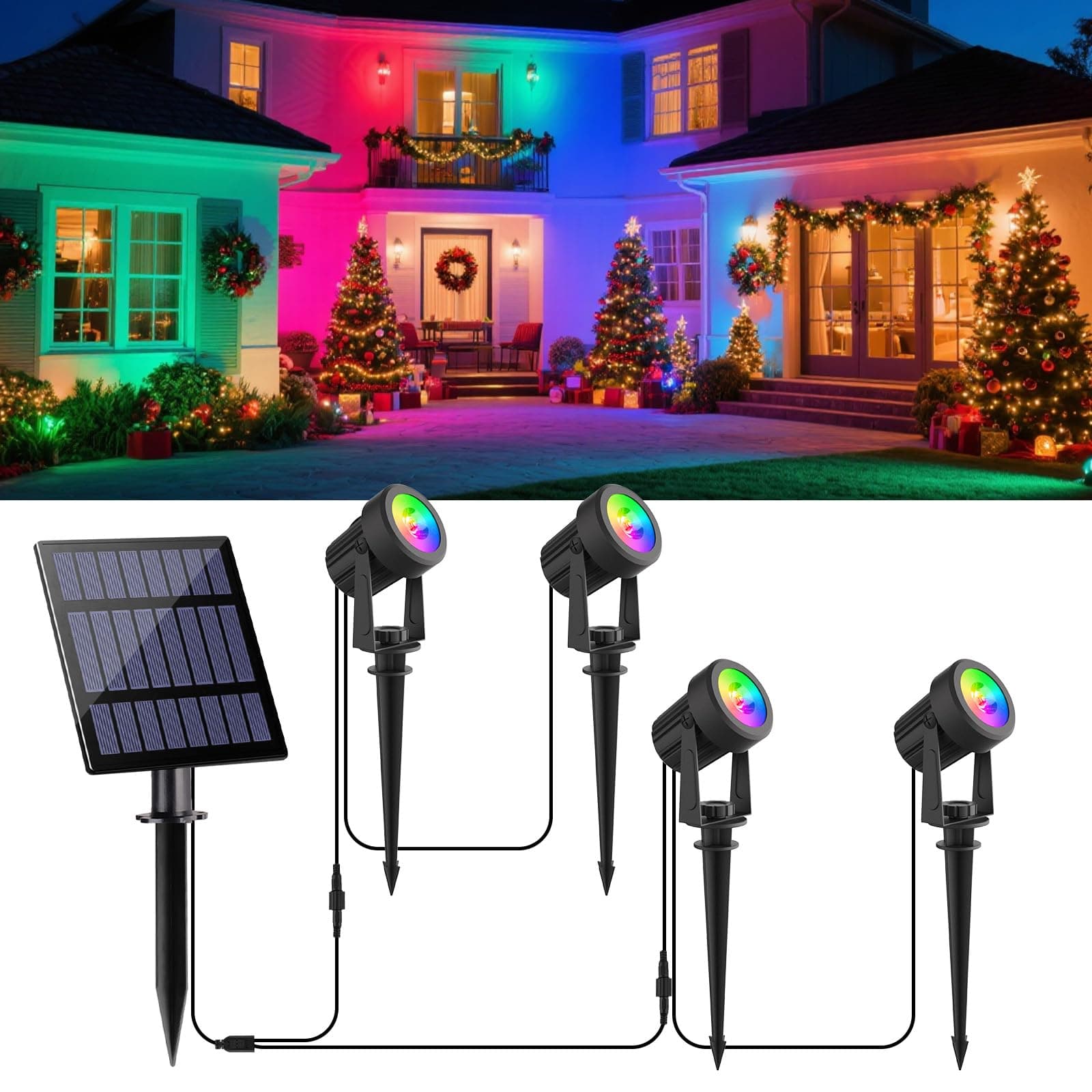 Solar Spotlights Outdoor Garden Lights, Color Changing RGB Landscape Spot Lights, Dusk-to-Dawn Outdoor Stake Lights Waterproof, Auto ON/Off Landscape Lighting for Tree Driveway Patio (4-in-1)
