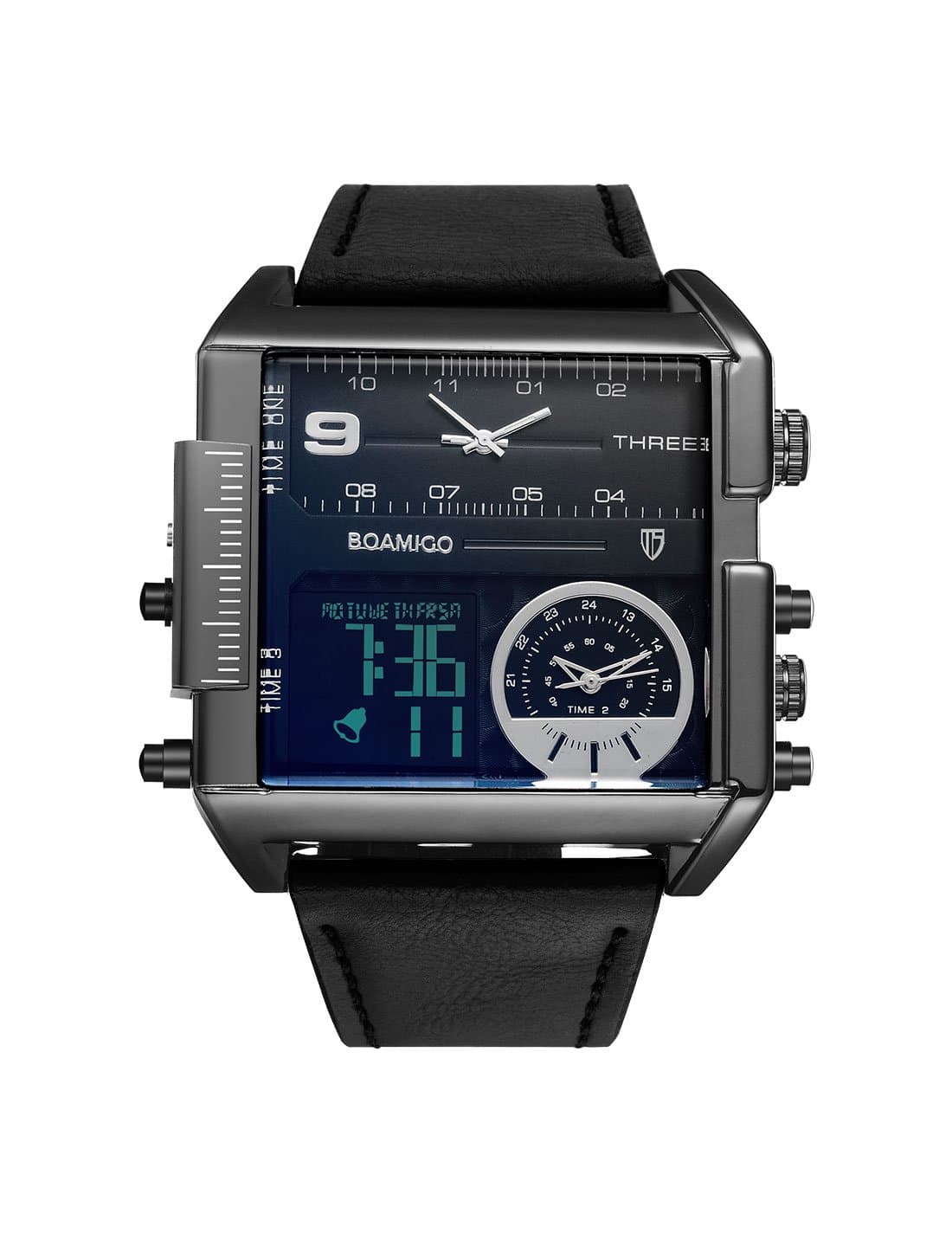 Brand Men Watches Big Square 3 Time Zone Analogue Digital Leather Wristwatches Sport Fashion Style (Black)