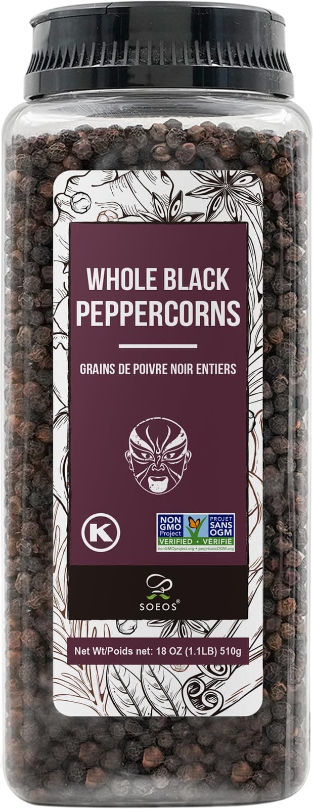 Soeos Black Peppercorns, 18oz (Pack of 1), Non-GMO, Kosher, Packed to Keep Peppers Fresh, Peppercorn for Grinder Refill, Whole Peppercorns