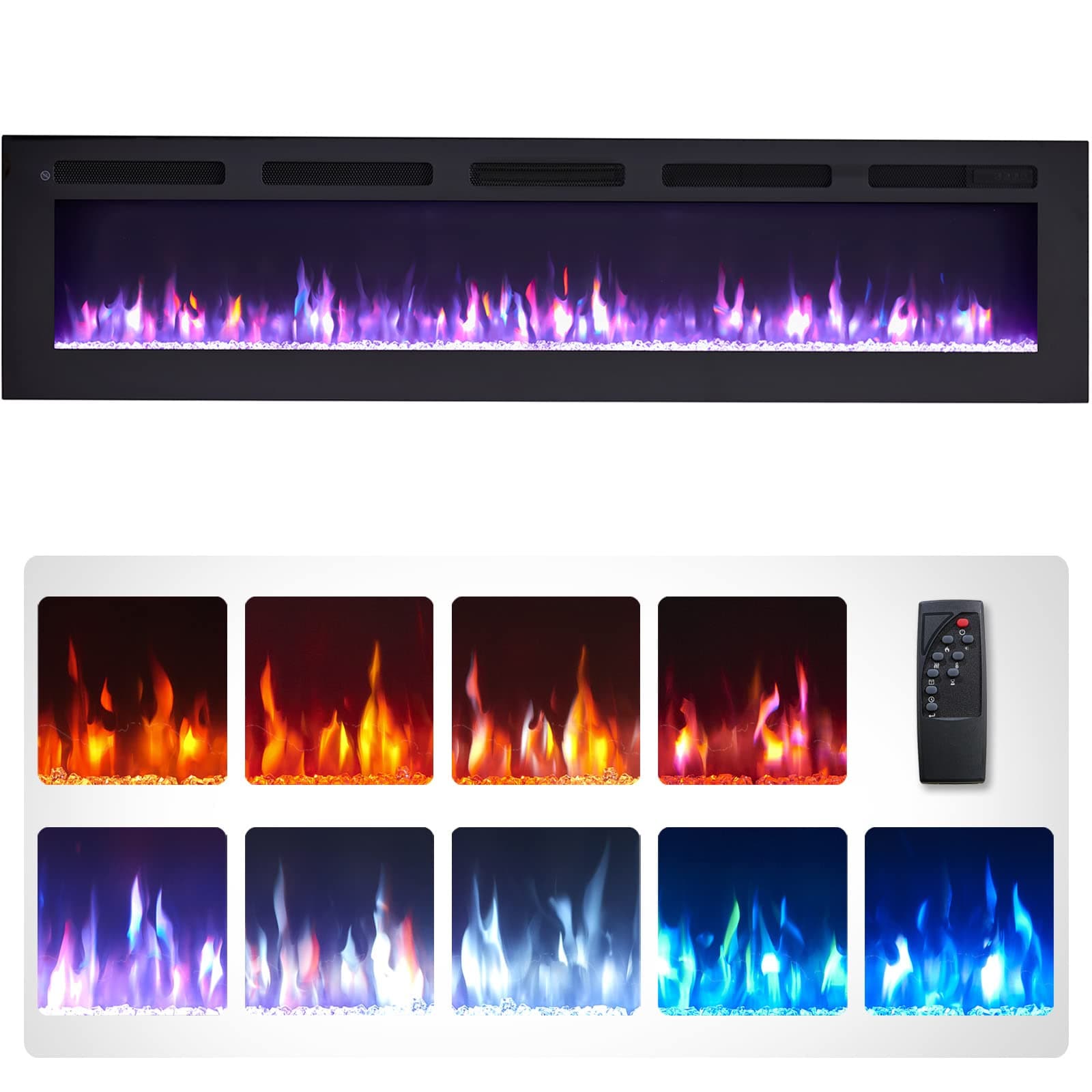 Wilton 70"/178cm Electric Fireplace, Wall Mounted, Recessed, 9 Colour Flame Effect, Media Wall Compatible, 900W - 1800W Heater, Remote Control