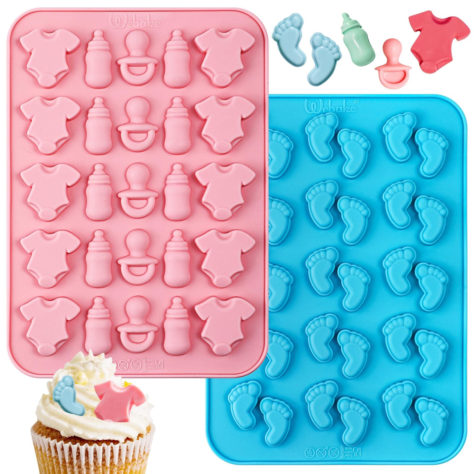 Webake Baby Feet Mold Baby Onesie Baby Bottle Pacifier Molds, Bite Size Silicone Chocolate Candy Molds Gummy Mould for Baby Shower Party Cake Decoration Cupcake Topper