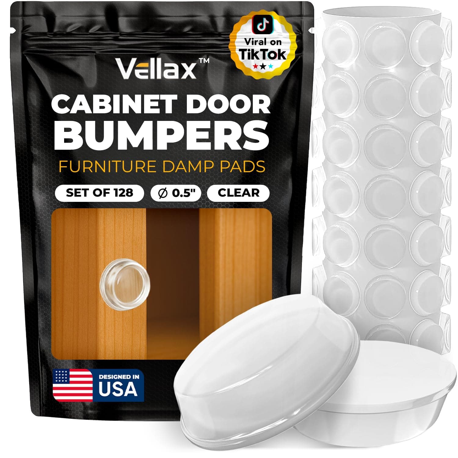 128 Clear Cabinet Door Bumpers - 1/2 Inch Self Adhesive Rubber Stoppers for Drawers, Damp Pads Cupboards, Cutting Boards, Glass Tops, Picture Frames - Vellax