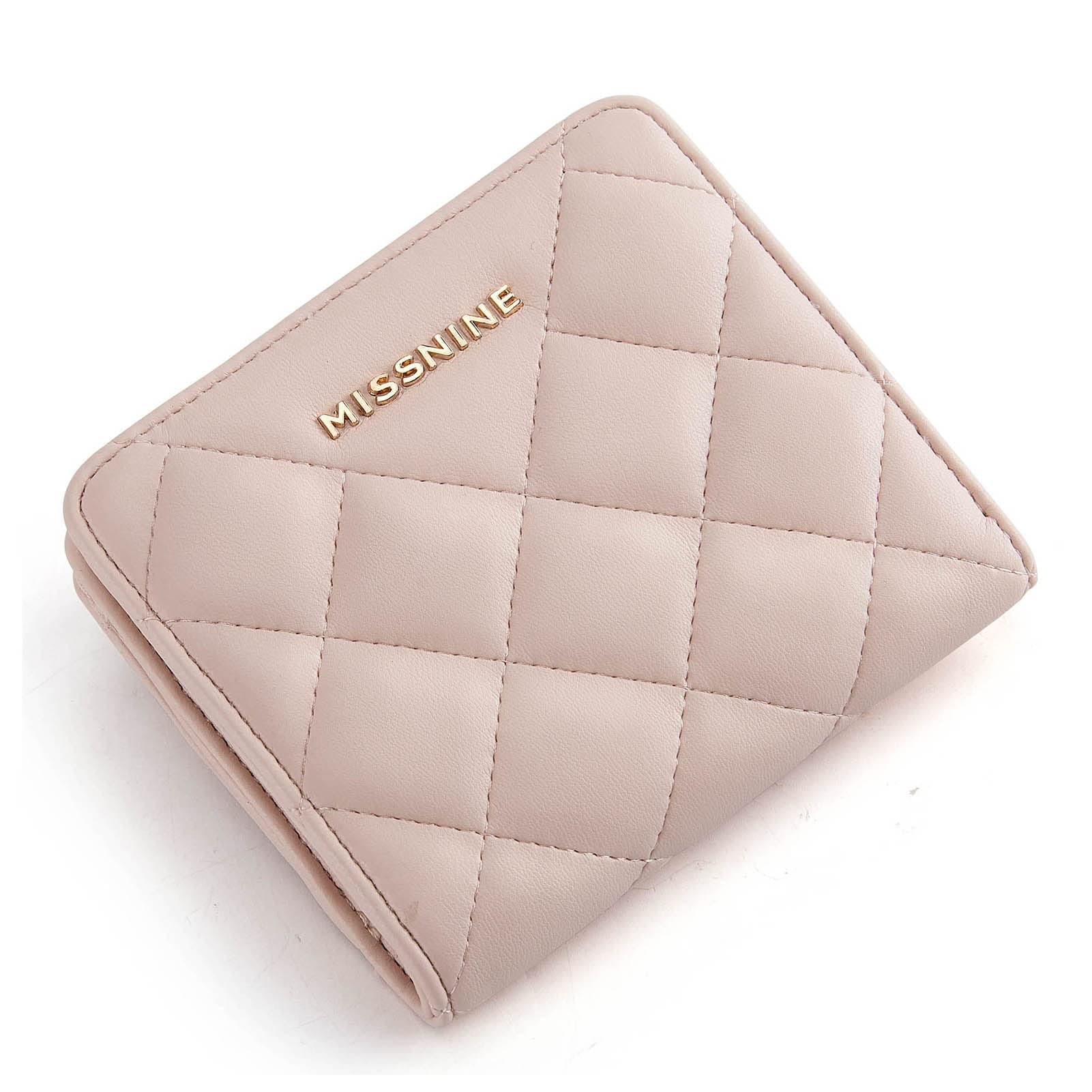 Small Wallet for Women Missnine RFID Blocking Bifold Purse Vegan Leather Quilted Wallet with Clear ID Window, Pink