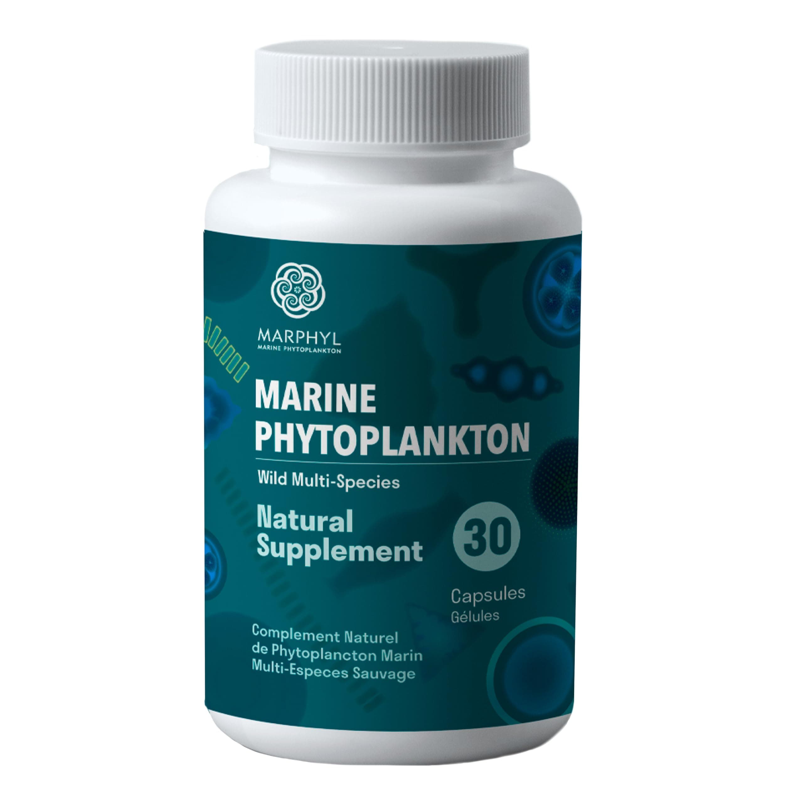 MARPHYL Marine Phytoplankton Wild Multi Species Natural Supplement - 150 mg per Capsule - Organic - 30 Vegan Capsules - from Vancouver Island, Canada
