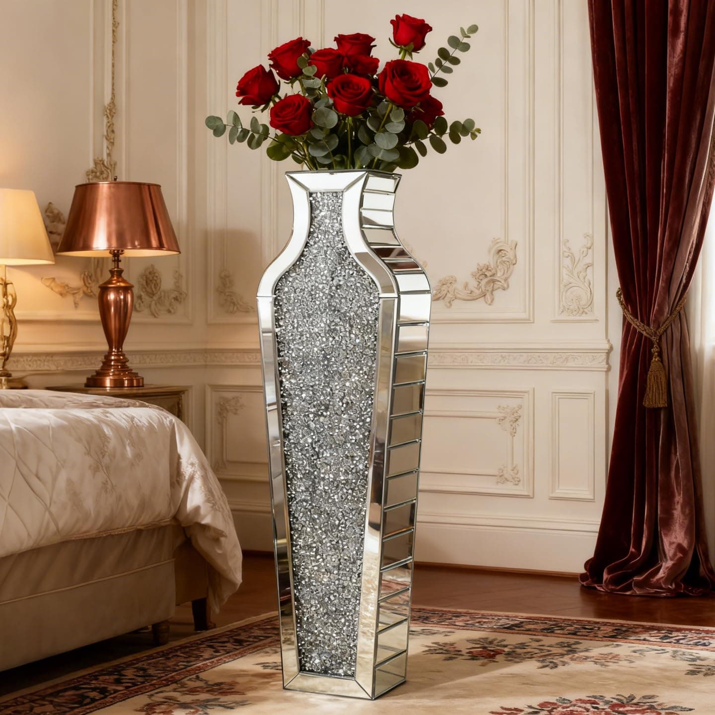 SHYFOY Crushed Diamond Floor Vase, Large Silver Mirror Tall Vases for Floor, Modern Luxury Glass Vases Home Decor for Living Room Bedroom Home Corner Indoor Office, 26.8" Tall