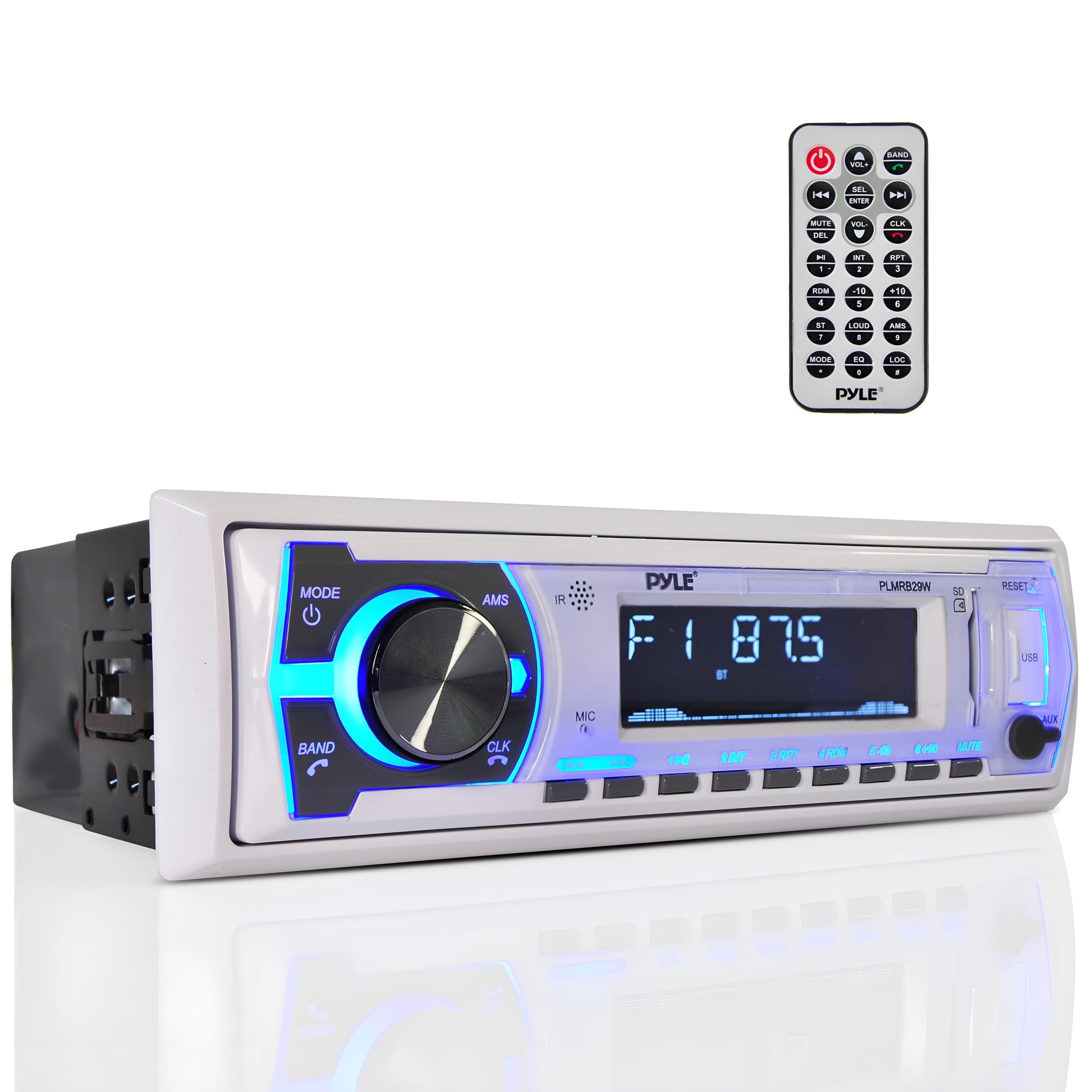Pyle PLMRB29W Single-DIN In-Dash Digital Marine Stereo Receiver with Bluetooth (White)