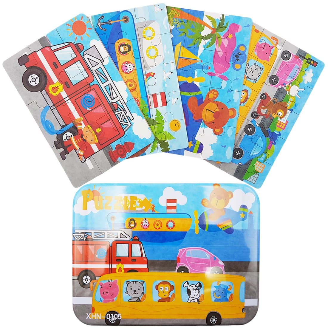 Zocita 4-in-1 Children Wooden Jigsaw Puzzles, 4-Pack in an Iron Box for 2-3 Years Old Kids (Fire Engine)