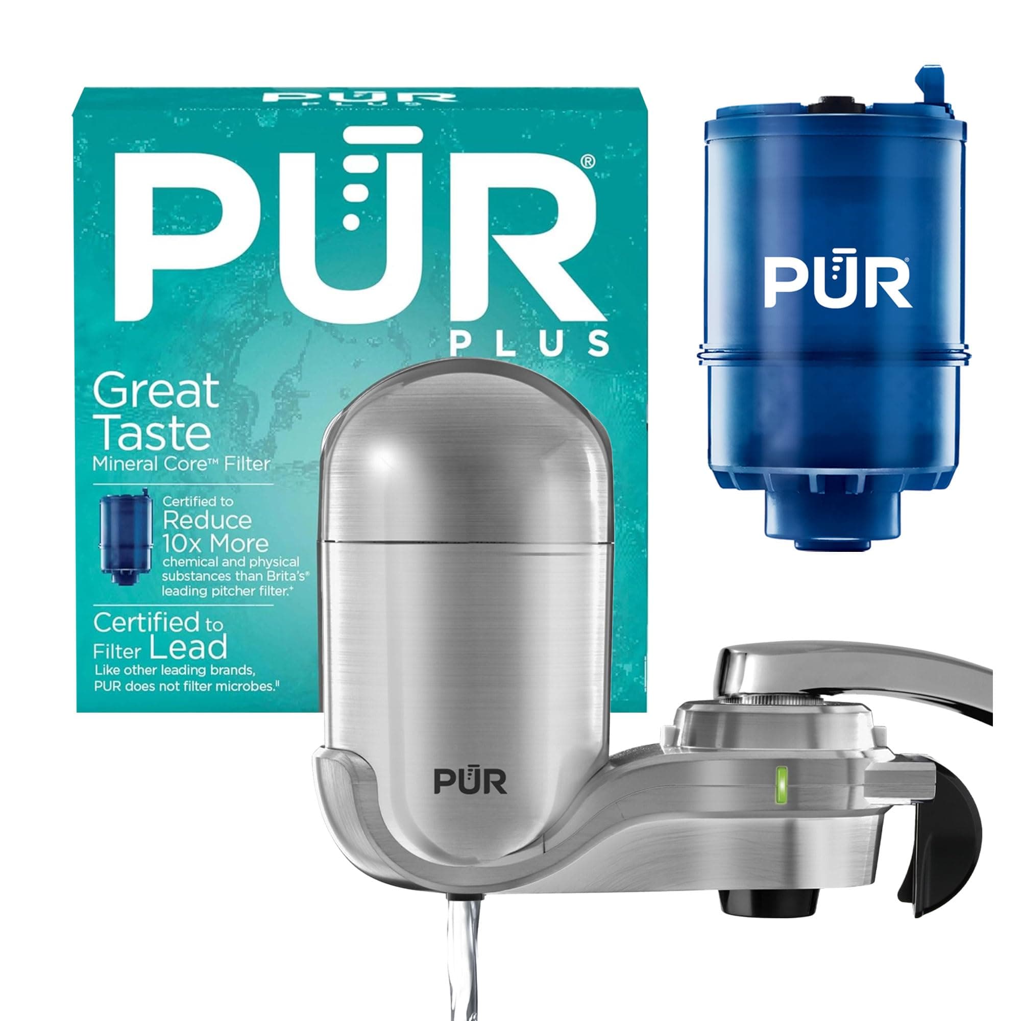 PUR PLUS Vertical Faucet Mount Water Filtration System with 3-in-1 Lead Reducing Filter for Great-Tasting Filtered Tap Water, Lasts 100 Gallons, Fits Most Kitchen or Bathroom Faucets, Stainless Steel