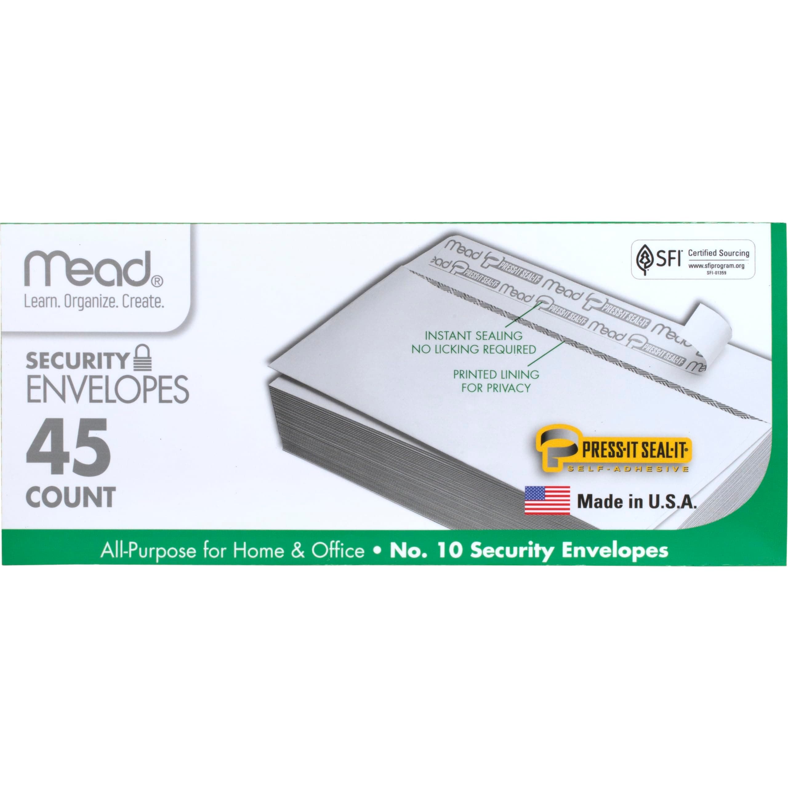 Mead No.10 Envelopes, Security, Press-it Seal-it, 4-1/8" X 9-1/2", White, 45 Per Box (75026)