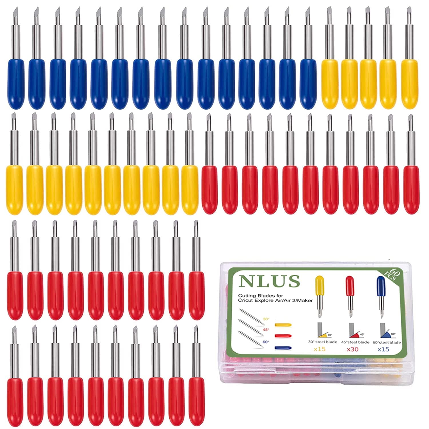 NLUS 60Pcs Cutting Blades, Replacement Blades for Cricut Explore Air/Air 2/Maker Expression, Vinyl Fabric Cutting Blades Including 30Pcs 45°/15Pcs 30°/15Pcs 60°Varying Degrees Blades