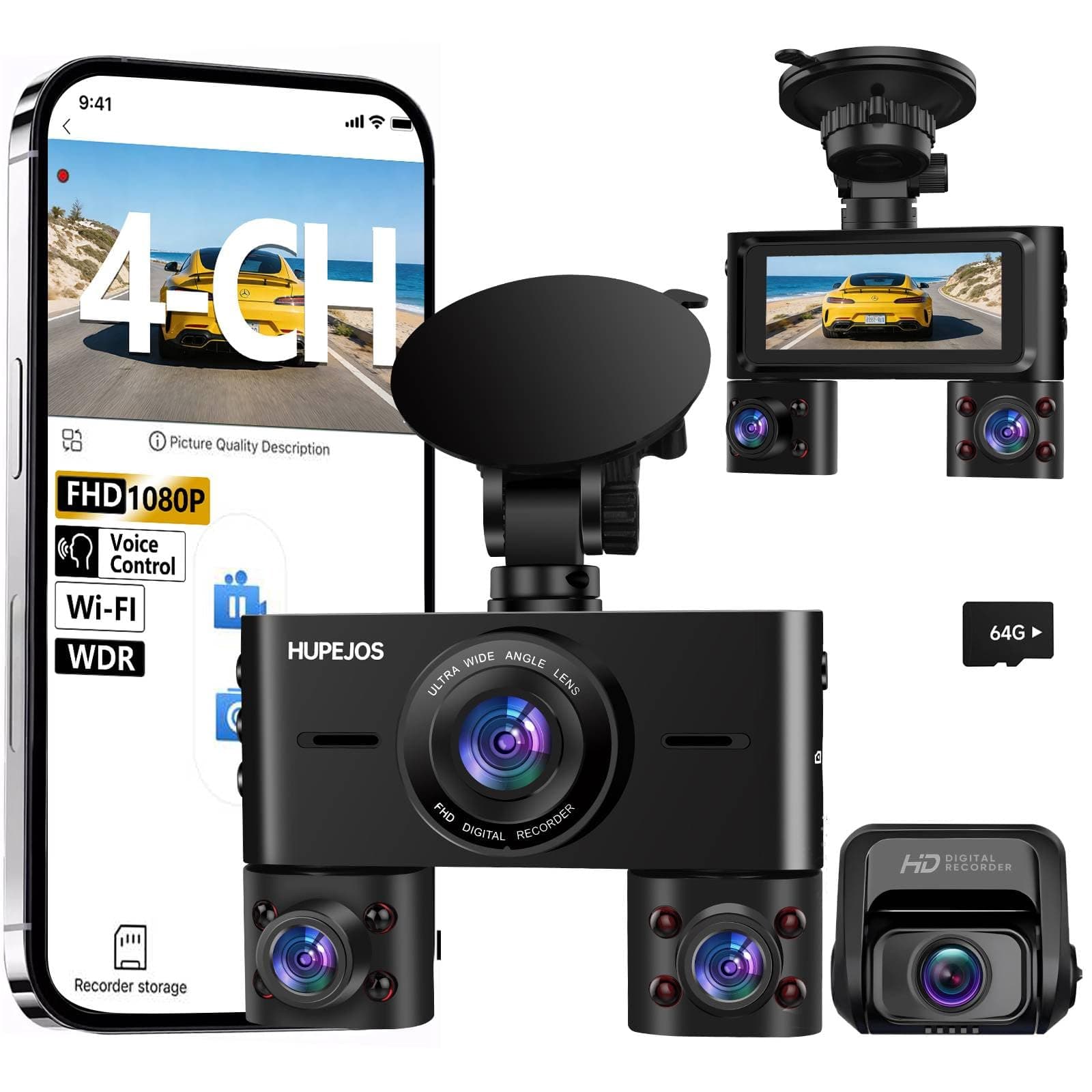 HUPEJOS 2K 4 Channel Dash Cam Front and Rear Inside, 360° View Car Camera, Dash Camera for Cars Built-in Wi-Fi, Dashcam with 64GB Card, Voice Control, WDR Night Vision, 24H Parking Mode, Mini Size, V7