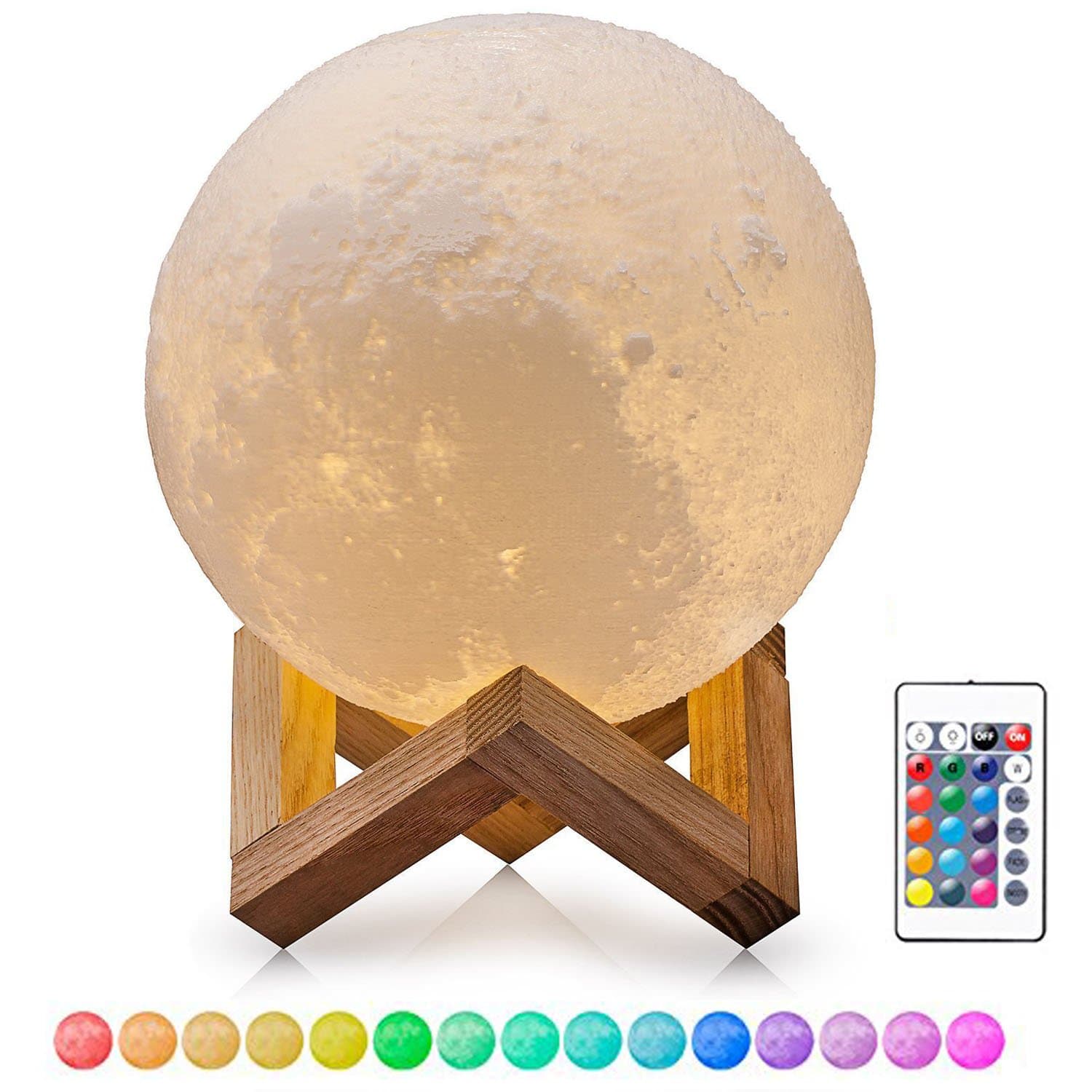 Mksutary 3D Moon Lamp 8cm/3.15inch 16 Color RGB Remote Control with USB Chargable LED Night Light Magical Lunar Table Lamp Moonlight Gift Two Tone Touch Sensor with Wooden Holder