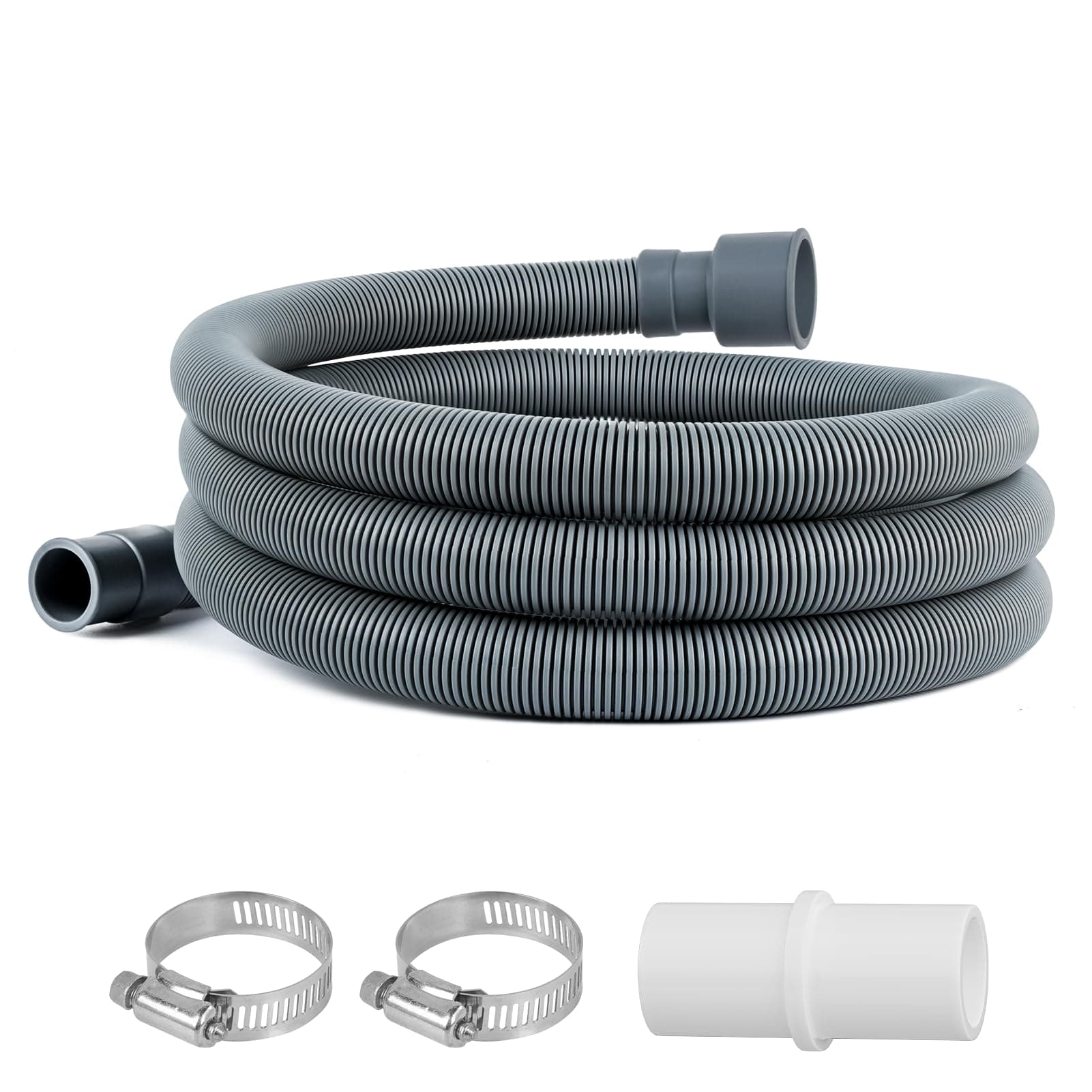 6 Ft Washing Machine Drain Hose Extension, Universal Corrugated Discharge Hose for Magic Chef, Panda, Hair, Clamps and Adapter Included, Gray
