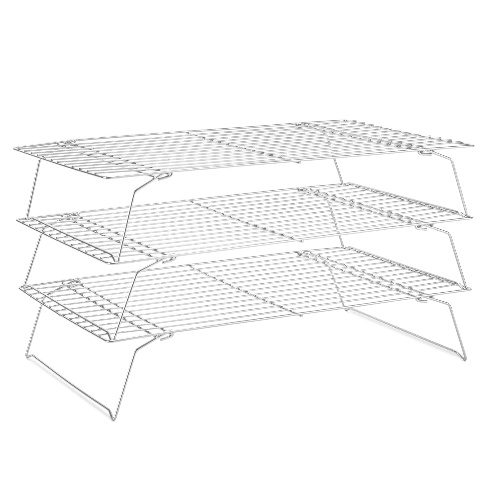 Briout Cooling Rack for Baking 3 Tiers, 16" x 10" Cookie Cooling Wire Rack Stackable Collapsible Nonstick, Stainless Steel Baking Cooking Cooling Racks with Optimum Air Flow, Silver
