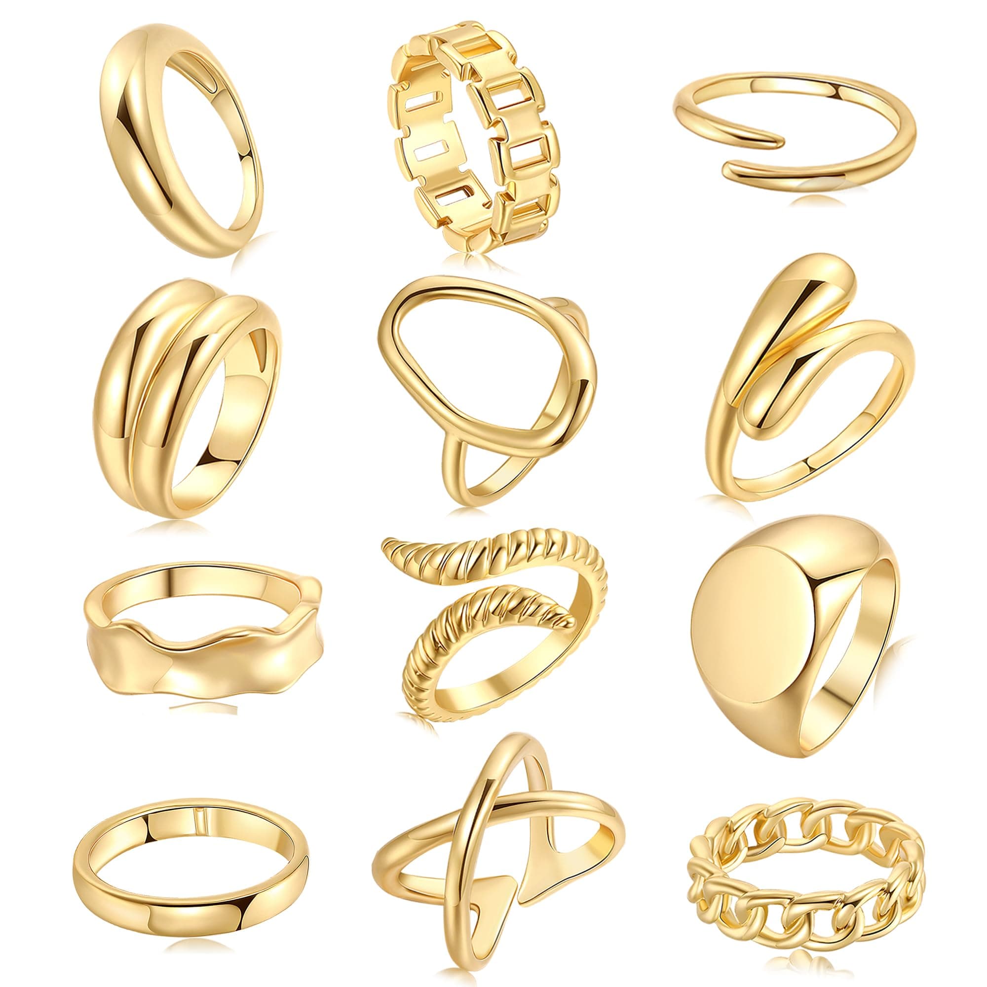 FAXHION 12PCS Gold Stackable Rings Set for Women, 18K Gold Plated Open Stacking Knuckle Ring, Adjustable Chunky Signet Band Statement Ring for Gift