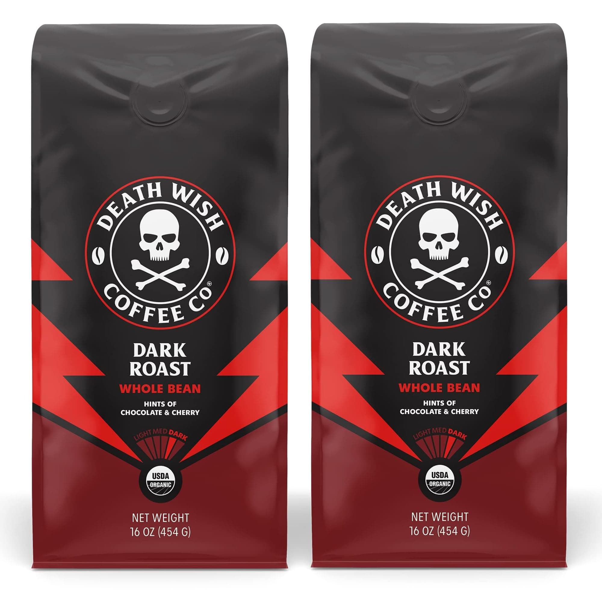 Death Wish Coffee Dark Roast Whole Bean -16 Oz, 2 Packs of Bold & Intense Blend of Arabica & Robusta Beans - USDA Organic - Pack of 2