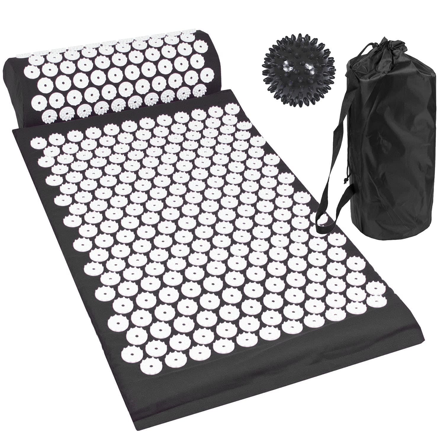 Komodo Acupressure Mat with Pillow & Ball Acupuncture Pin Massage Set (Black)
