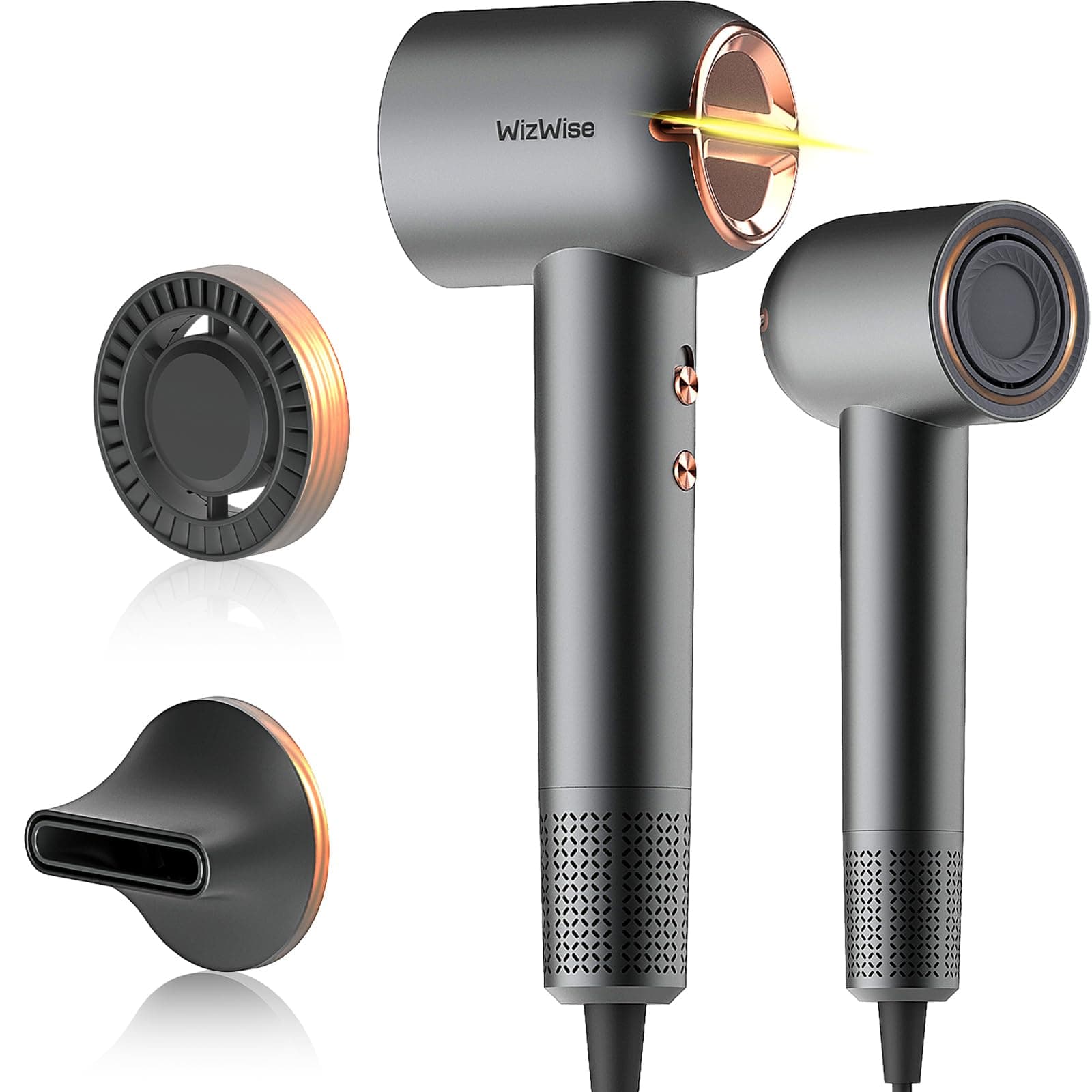 Wizwise Hair Dryer, Ionic Blow Dryer with Smoothing Nozzle, 1500W Hair Blow Dryer with 110,000RPM Fast Dry, 4 Temps&2 Speeds, 2 Accessories for Curls, Dark Gray