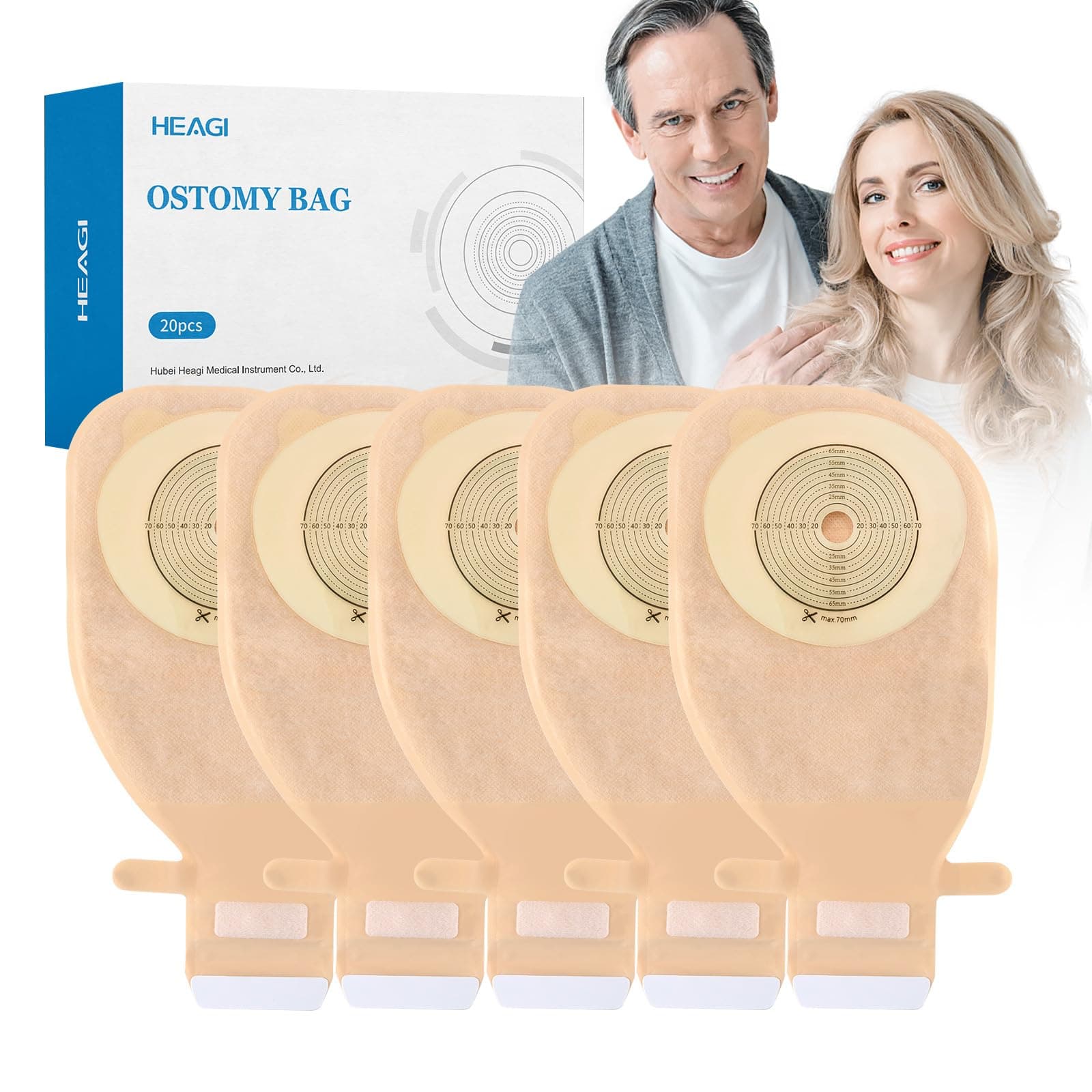 20 Pack Colostomy Bags, One Piece Ostomy Bag Ostomy Supplies, 15 mm - 70 mm Cut to Fit Drainable Pouches with Stick on Closure for Ileostomy Stoma Care