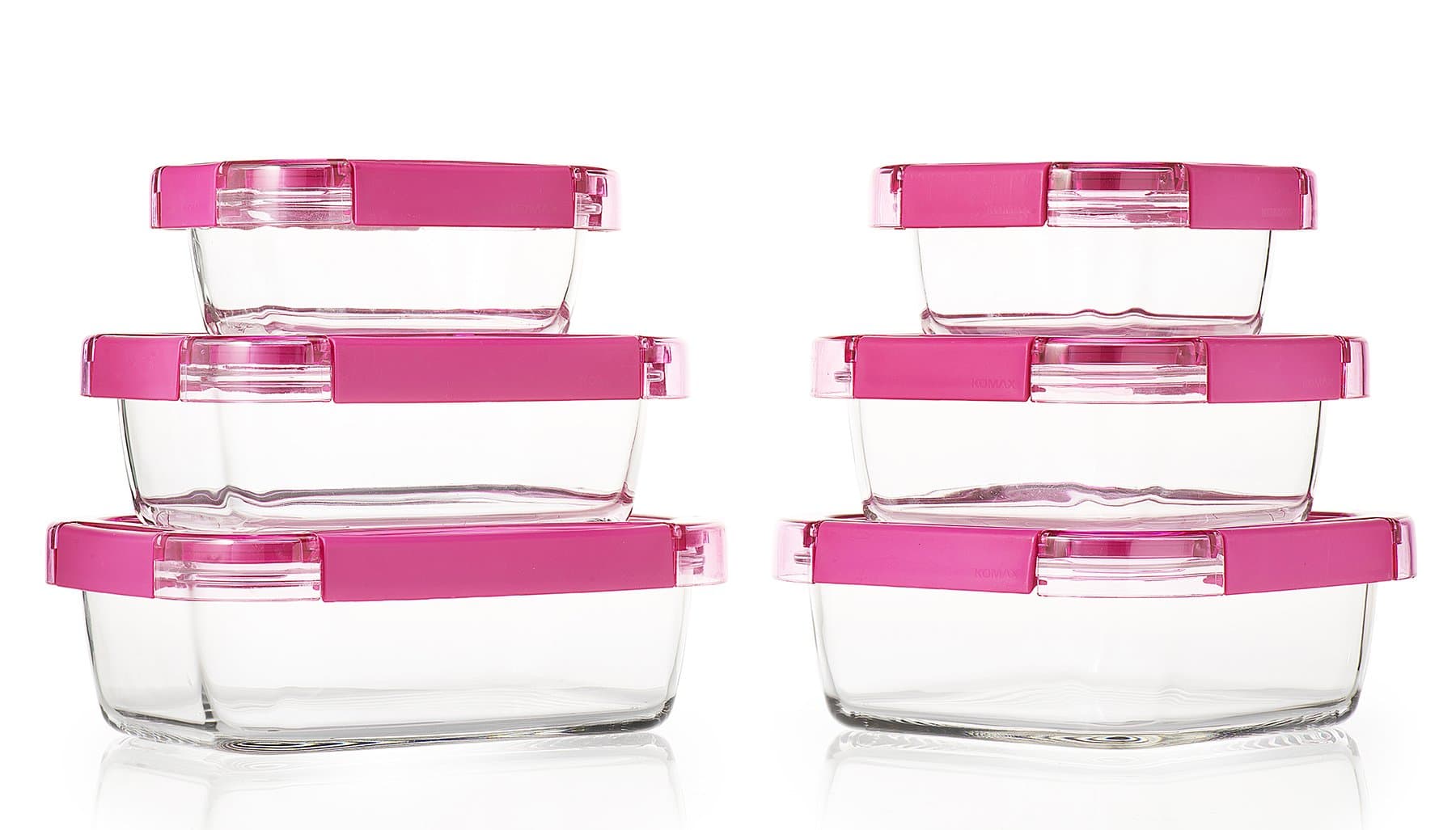 Komax Ice Glass Food Storage Containers, Square & Rectangle, Magenta (Set of 6)