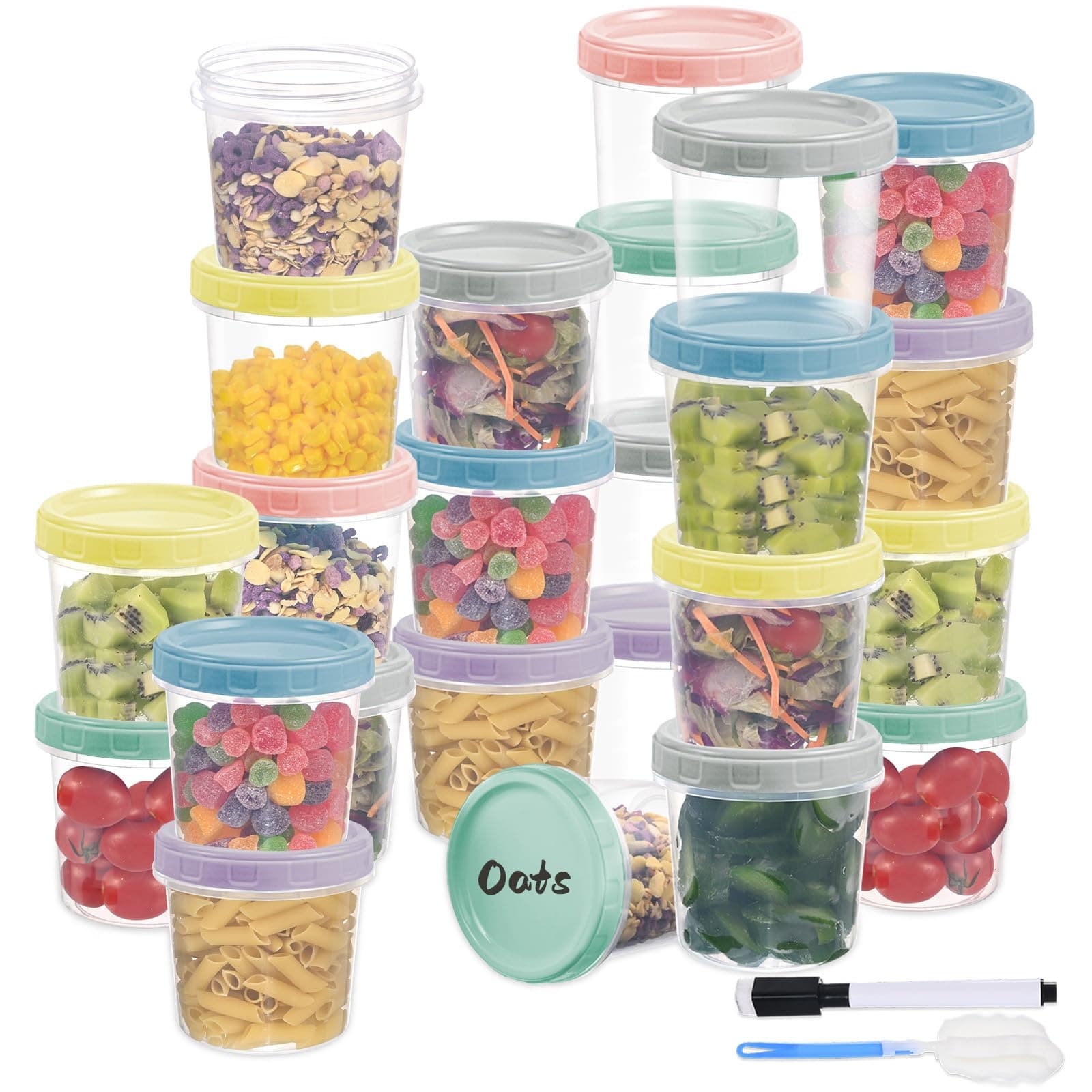 24pcs 16 oz Plastic Deli Containers with Screw Lids, Small Freezer Container Reusable 2 Cup Food Storage Container with Pen & Brush for Snack Salad Fruit, Microwave & Dishwasher Safe BPA Free