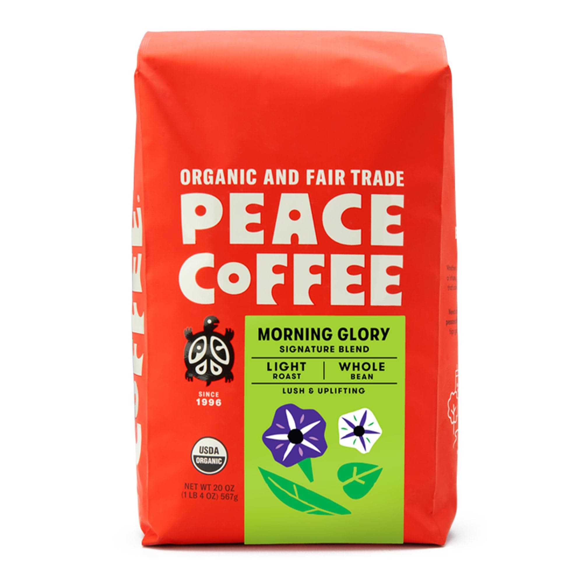 Peace Coffee Morning Glory Signature Blend | 20 oz Whole Bean Light Roast | Organic Fair Trade | Smooth, Mild Flavor | Shade Grown, Fresh Roasted