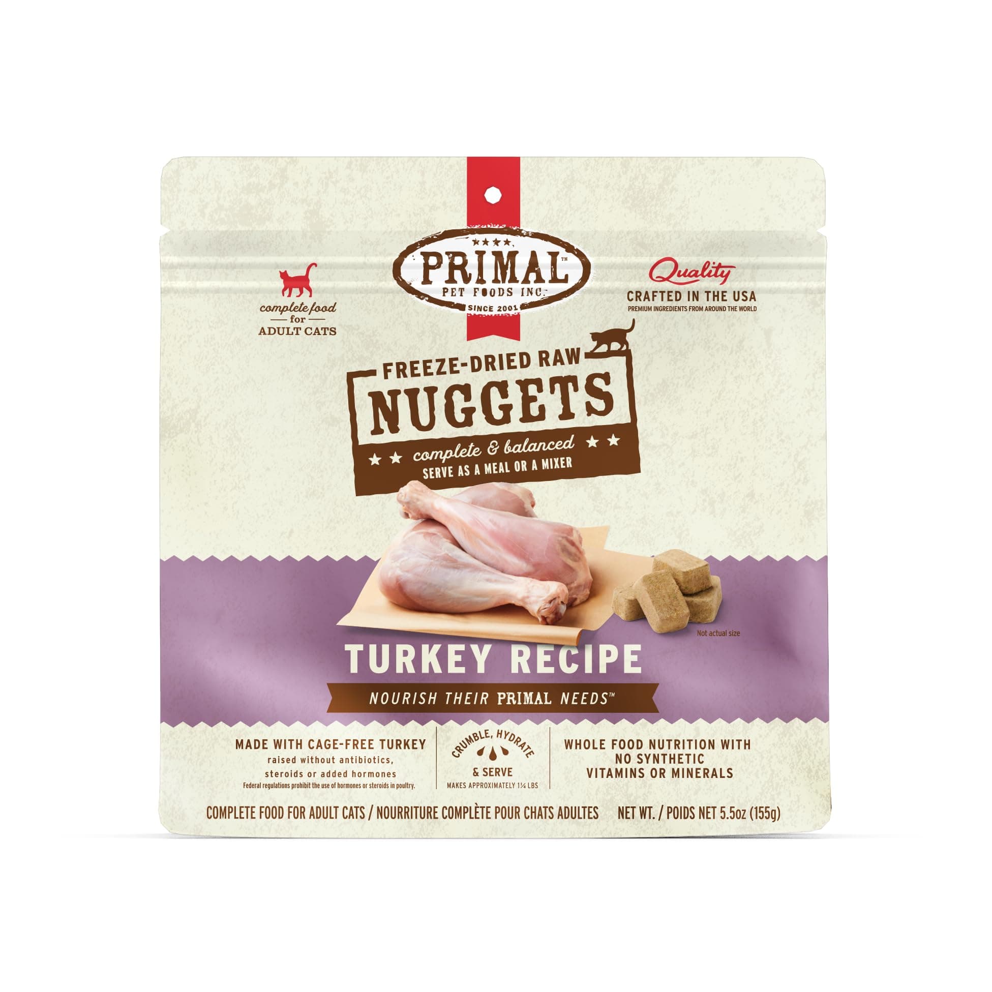 Primal Pet Foods Freeze Dried Cat Nuggets Turkey; Complete & Balanced Meal or Topper; Premium, Healthy, Grain Free, High Protein Raw Cat with Probiotics (5.5 oz)