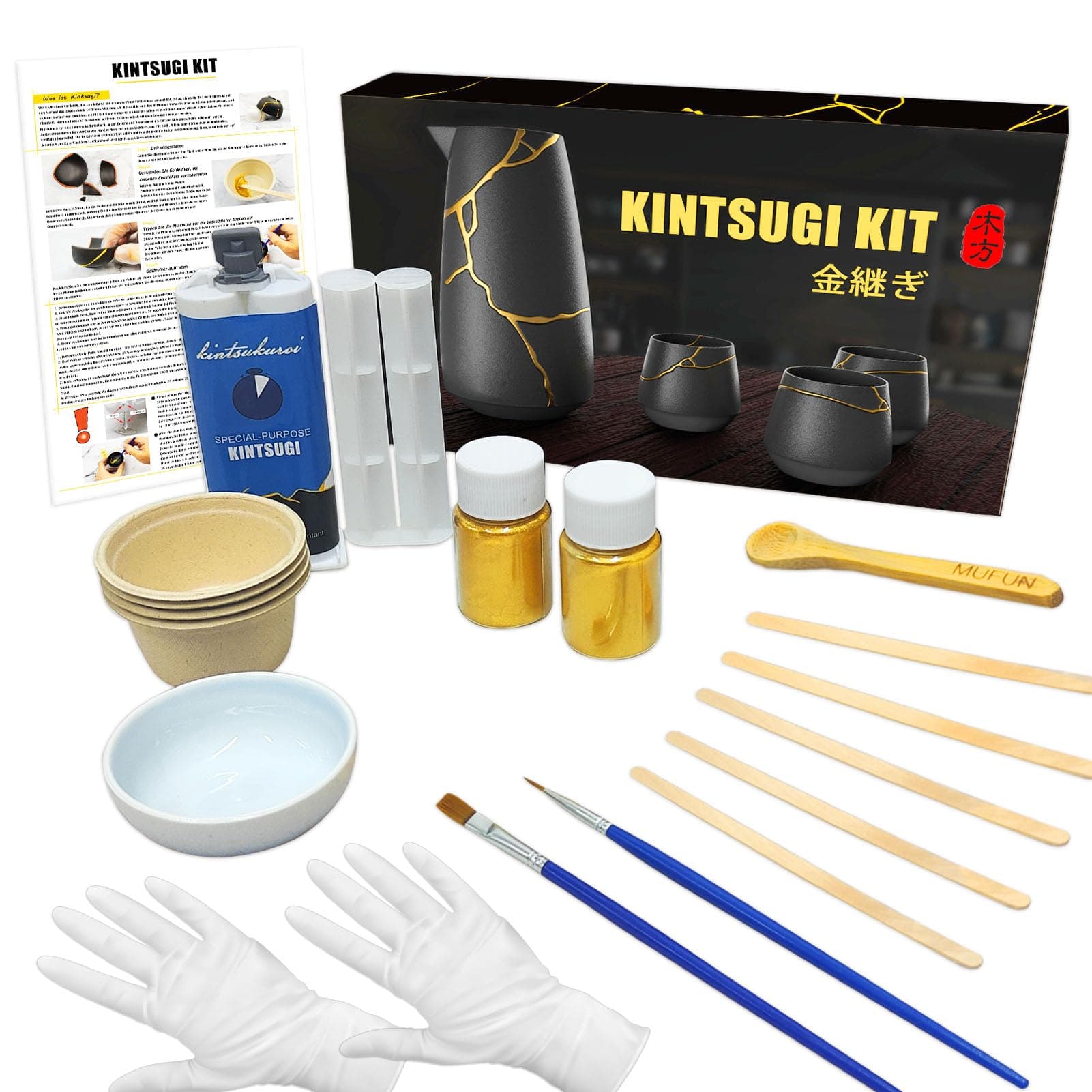 Kintsugi Repair Kit, Repair Your Meaningful Pottery with KINTSUGI Gold Glue, Japanese KINTSUGI Ceramic Repair Starter Kit- an Practice Ceramic Cups Free for Kintsugi Beginner