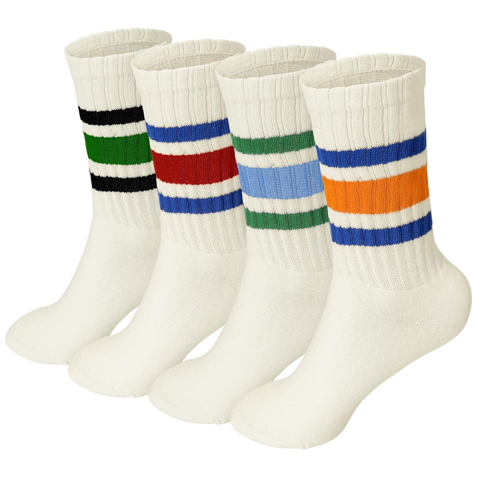 4 Pairs Crew Sport Socks Women Men Striped Crew Socks Size 4-7, Retro Athletic Socks Casual Cotton Socks for Women Men