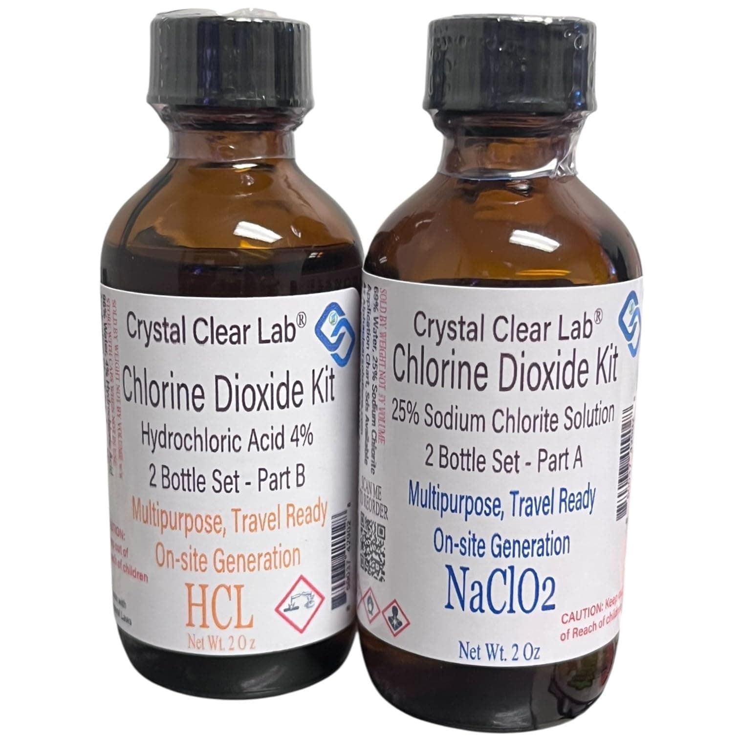 CrystalClearLab Chlorine Dioxide - Hydrochloric Acid Solution, 2oz Bottles