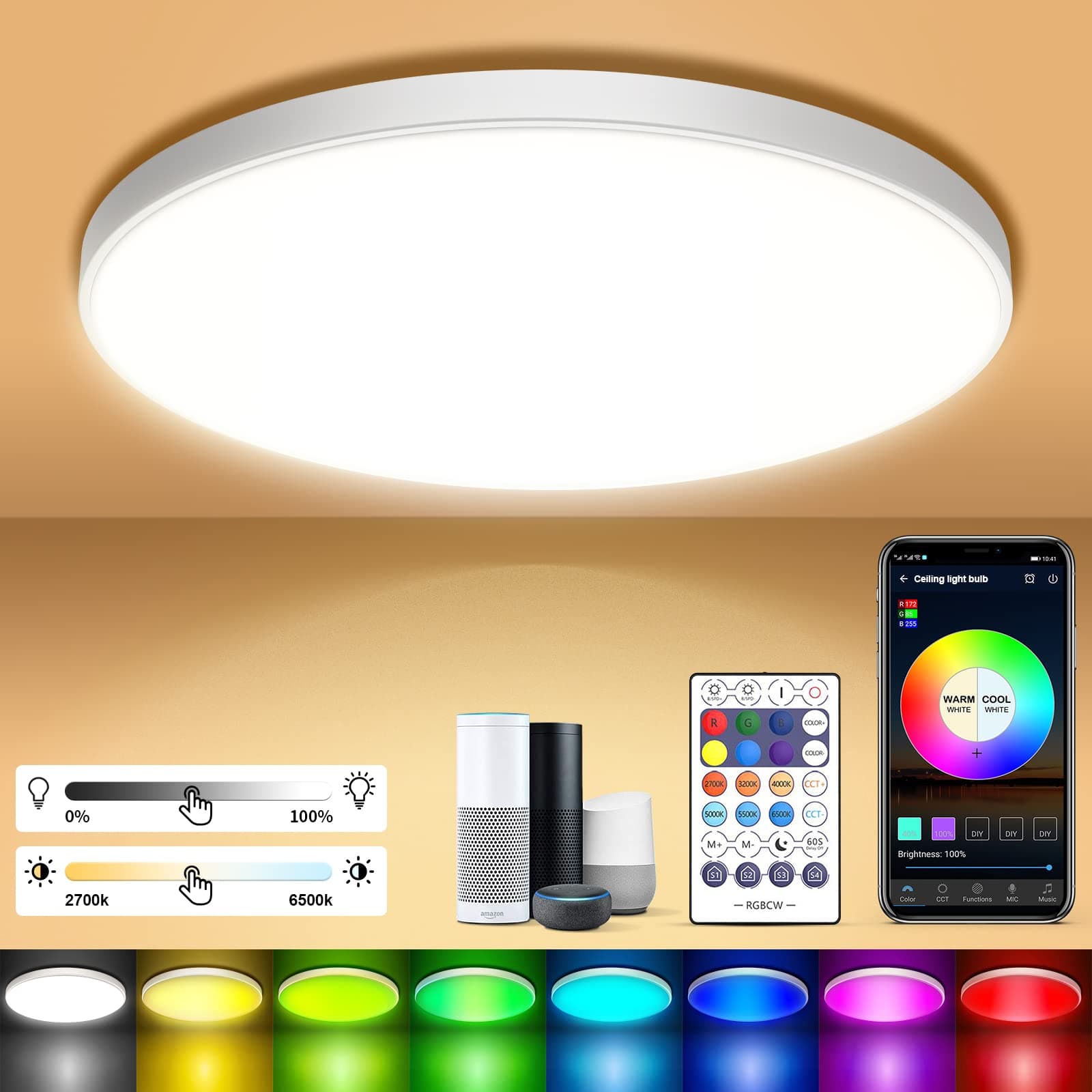 Taipow LED Ceiling Light, 30W Ceiling Lights with Remote Control, Smart Dimmable Colour Changing, for Bedroom Children's Room Living Room
