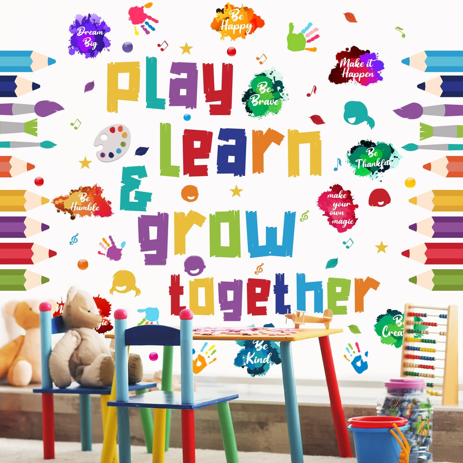 Leinuosen Kids Wall Decals Classroom Colorful Inspirational Decals Daycare Playroom Wall Decor Motivational Positive Saying Sticker(Play, Learn)