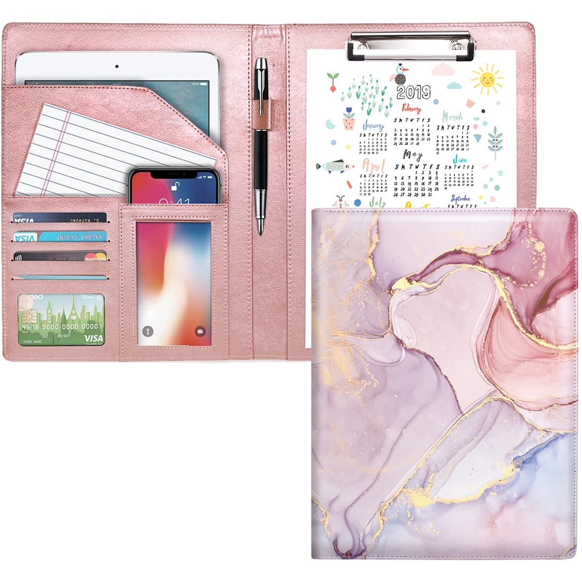 Padfolio Business/Resume Portfolio Folder, Leather Interview Portfolio Business Portfolio Portfolio Organizer with Legal Pad Folder Clipboard,Interview Folder for Men/Women, Colorful Pink