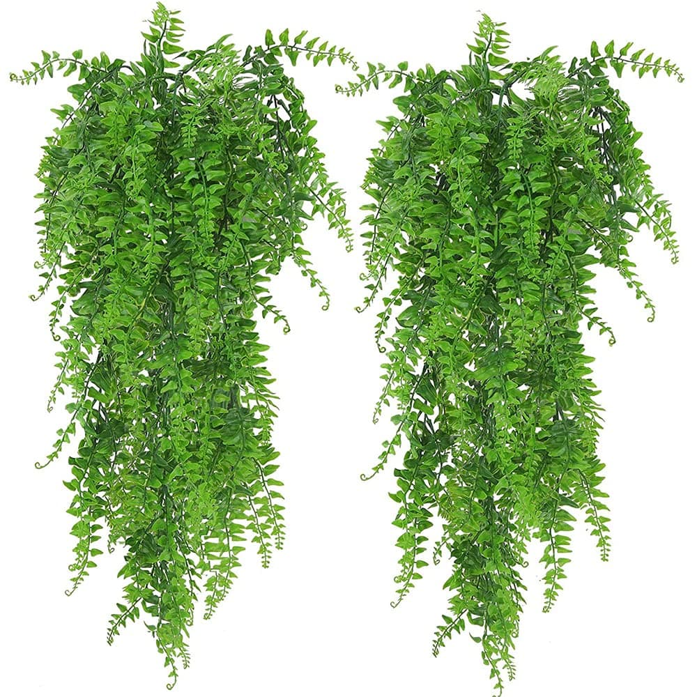 THERESA 2 pcs Artificial Hanging Ferns Plants Vine Fake Ivy Boston Fern Hanging Plant Outdoor UV Resistant Plastic Plants (Green)