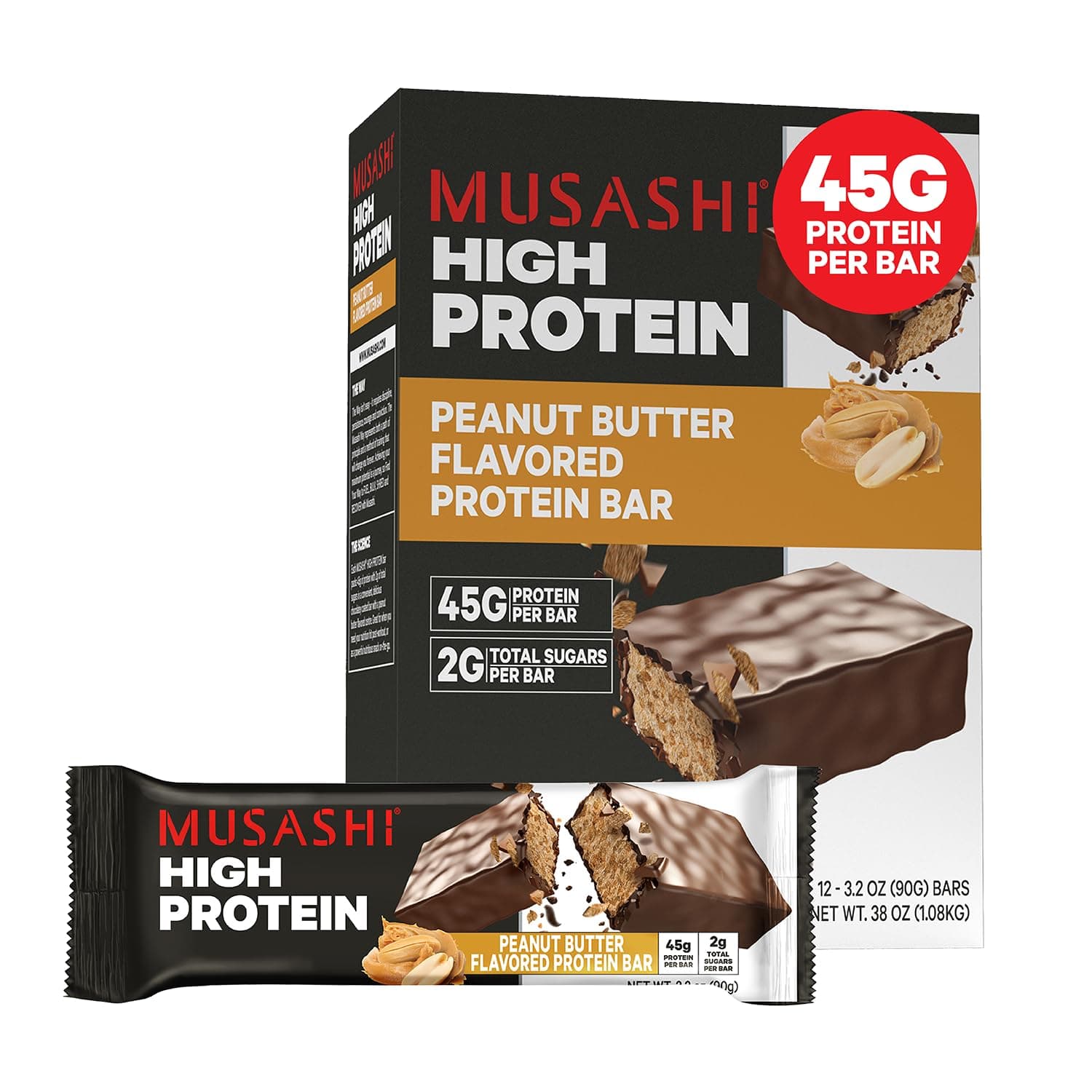 High Protein Bar, 45g Protein, 2g Total Sugars, Peanut Butter & Milk Chocolate Coated, Post Workout and Protein Snack On The Go, 12 Pack of 3.2oz (90g) Bars