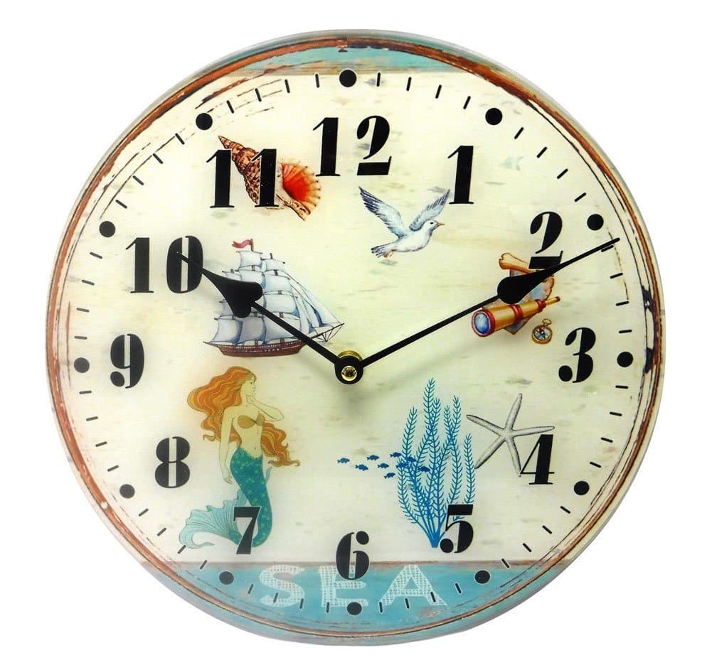 Coastal Mermaid Sea Life Glass Wall Clock